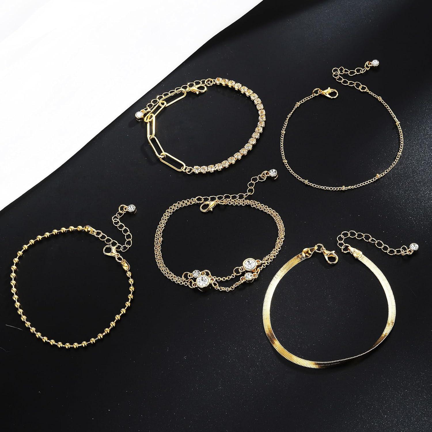 image17IF 5 Pcs Gold Chain Ankle Bracelets Long For Women 14k Gold Plated Cubic Zirconia Tennis Bracelet Trendy Half Diamond Link Stackable Adjustable Bracelet708Bracelet