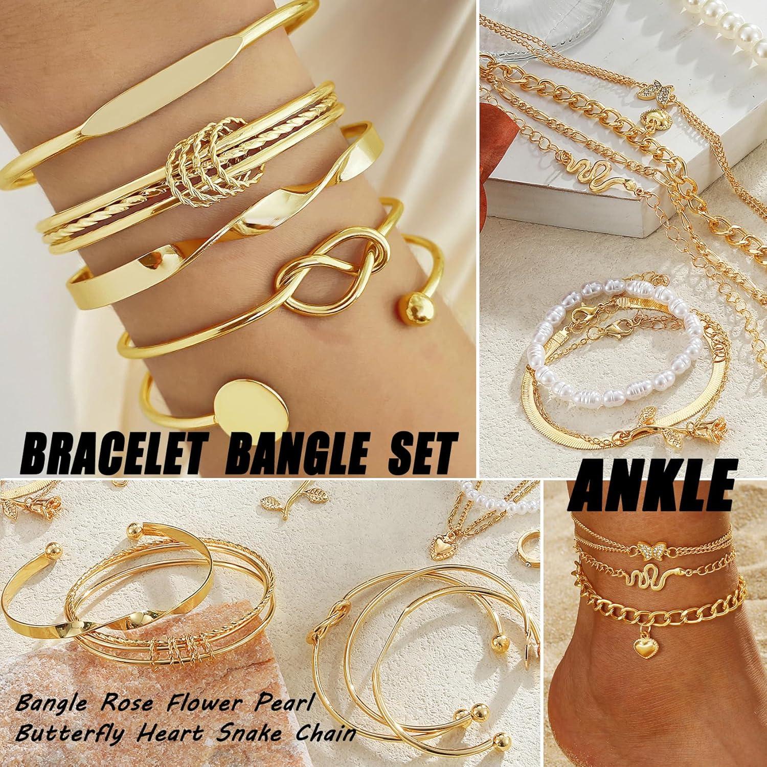 image17IF 53 PCS8 PACK Silver Plated Jewelry Set with 6 Necklace 11 Ankle Bracelet 30 Kunckle Ring 6 Pair Earring hoop Vintage Boho Pearl for Women Birthday Travel HolidayClassic