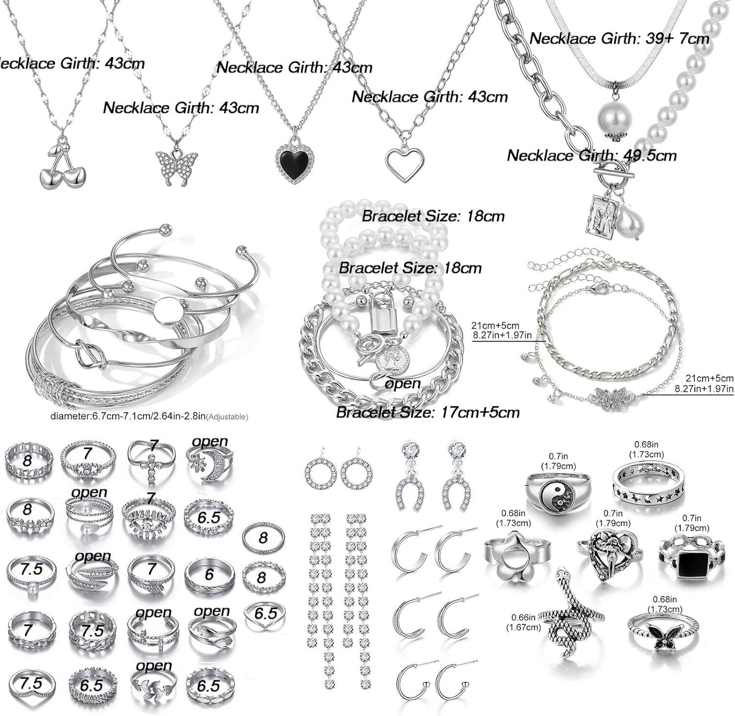 image17IF 53 PCS8 PACK Silver Plated Jewelry Set with 6 Necklace 11 Ankle Bracelet 30 Kunckle Ring 6 Pair Earring hoop Vintage Boho Pearl for Women Birthday Travel HolidayVintage