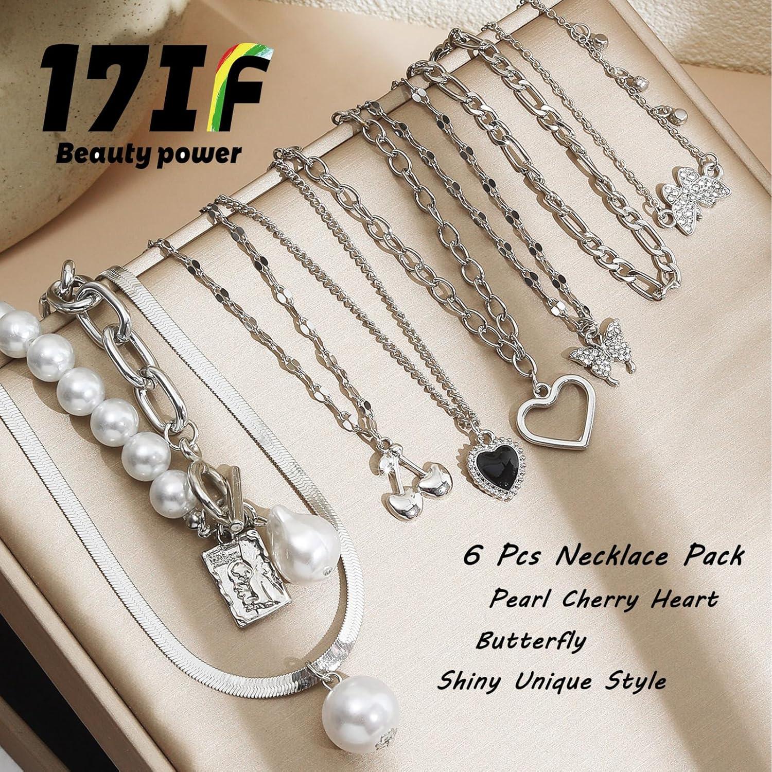 image17IF 53 PCS8 PACK Silver Plated Jewelry Set with 6 Necklace 11 Ankle Bracelet 30 Kunckle Ring 6 Pair Earring hoop Vintage Boho Pearl for Women Birthday Travel HolidayVintage