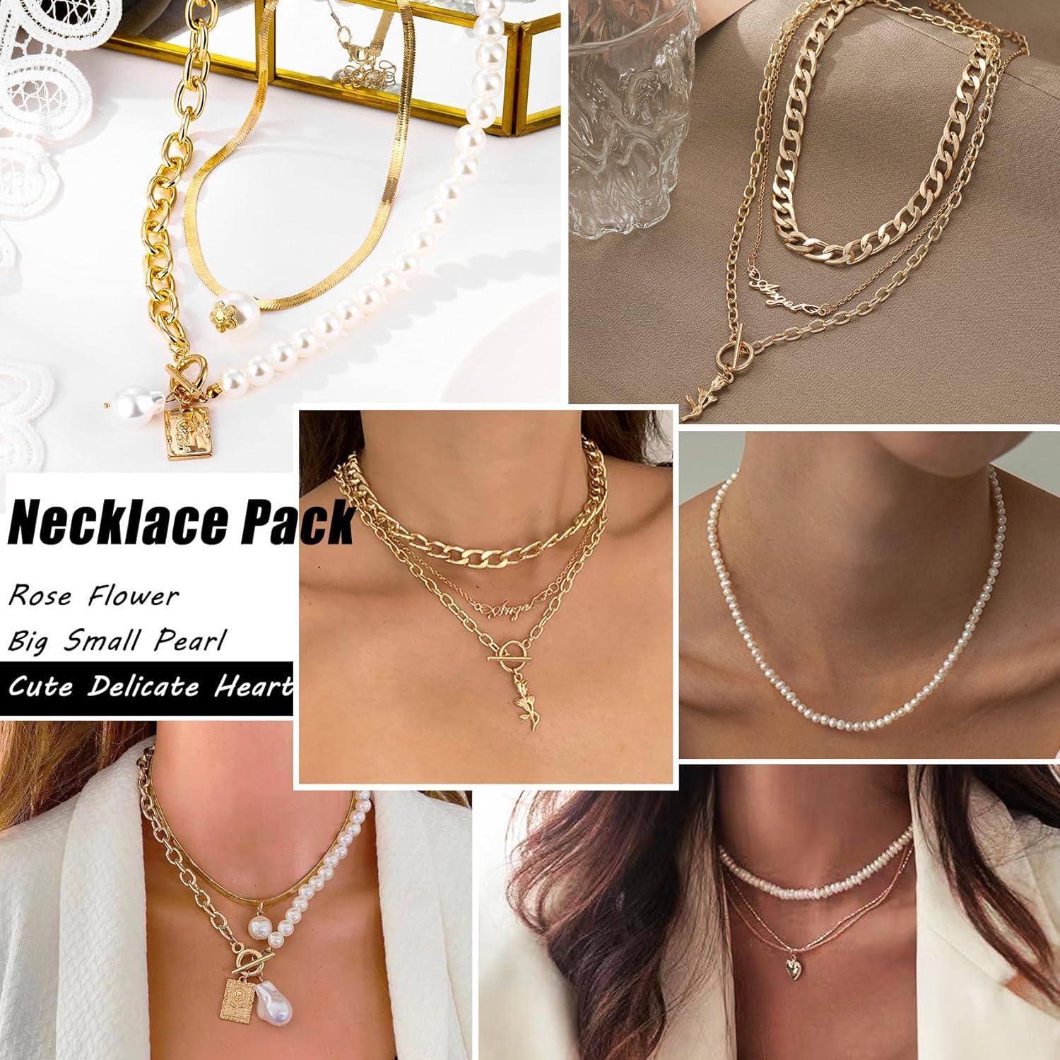 image17IF 53 PCS8 PACK Silver Plated Jewelry Set with 6 Necklace 11 Ankle Bracelet 30 Kunckle Ring 6 Pair Earring hoop Vintage Boho Pearl for Women Birthday Travel HolidayClassic
