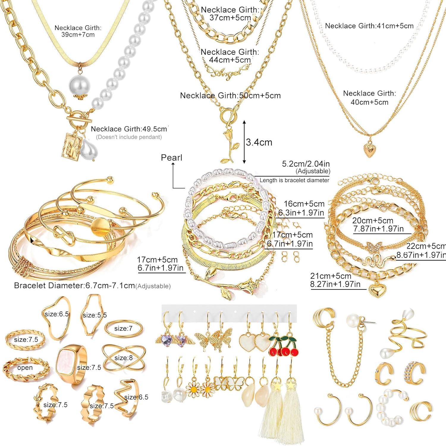 image17IF 53 PCS8 PACK Silver Plated Jewelry Set with 6 Necklace 11 Ankle Bracelet 30 Kunckle Ring 6 Pair Earring hoop Vintage Boho Pearl for Women Birthday Travel HolidayClassic