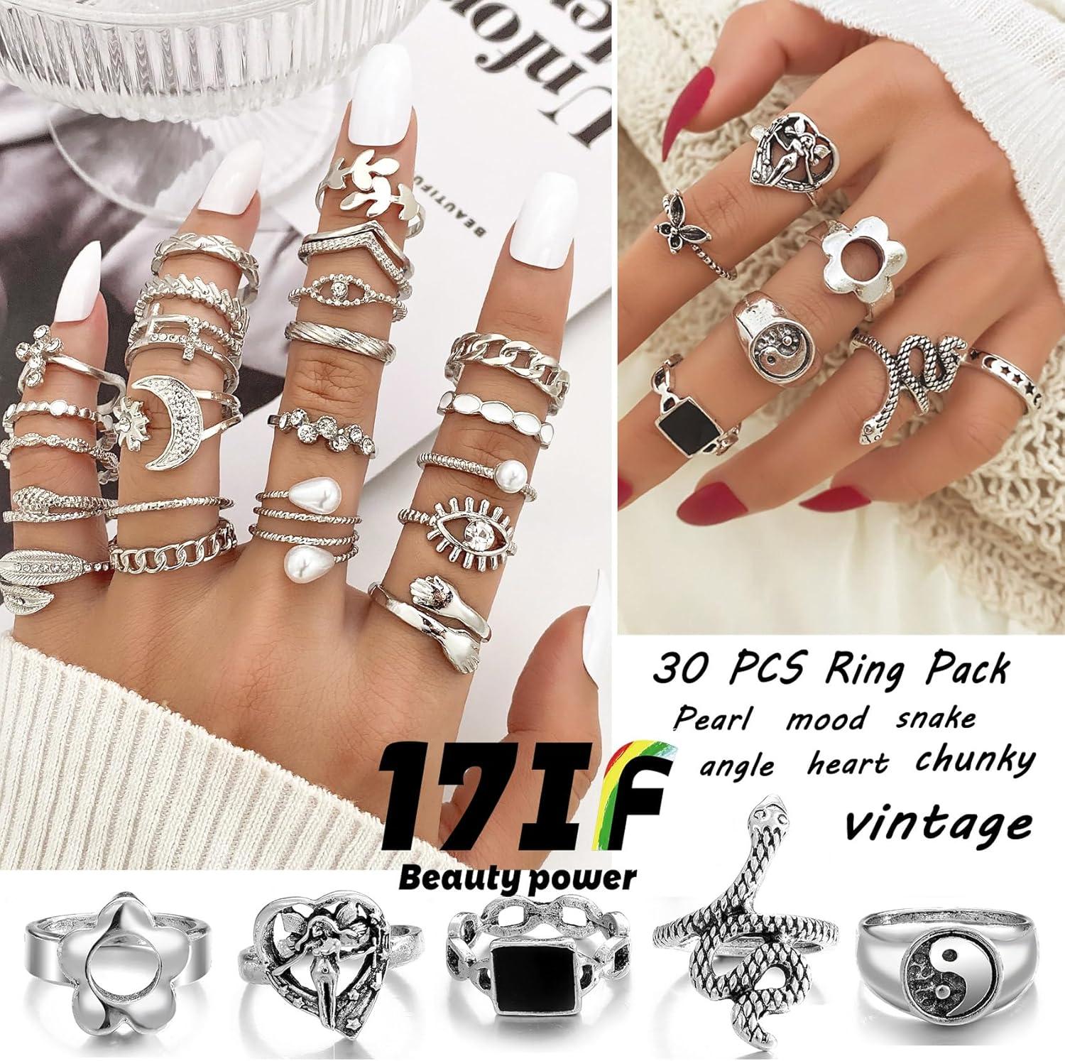 image17IF 53 PCS8 PACK Silver Plated Jewelry Set with 6 Necklace 11 Ankle Bracelet 30 Kunckle Ring 6 Pair Earring hoop Vintage Boho Pearl for Women Birthday Travel HolidayVintage