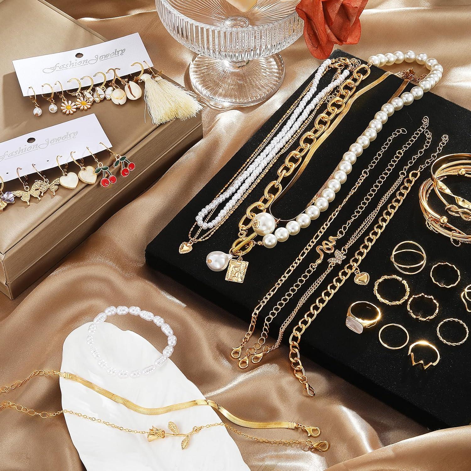image17IF 53 PCS8 PACK Silver Plated Jewelry Set with 6 Necklace 11 Ankle Bracelet 30 Kunckle Ring 6 Pair Earring hoop Vintage Boho Pearl for Women Birthday Travel HolidayClassic