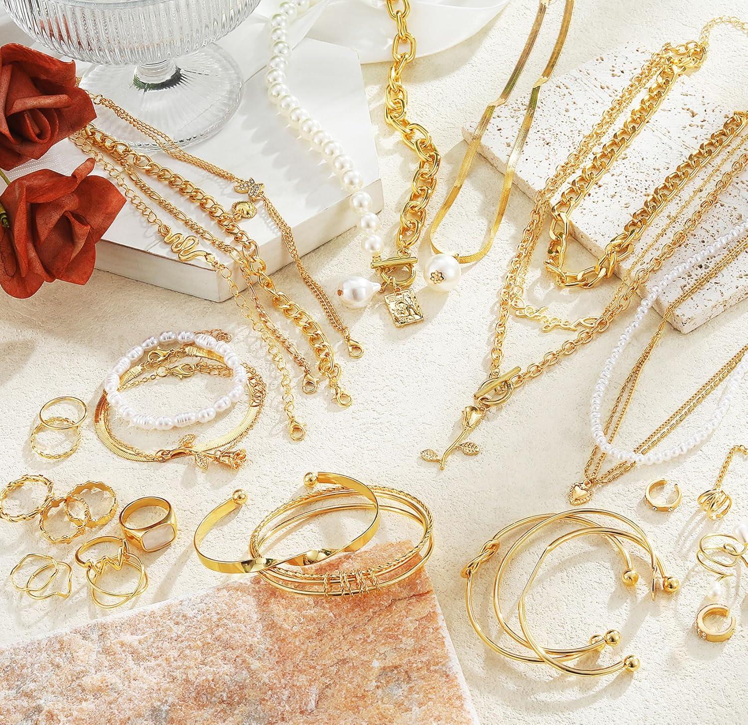 image17IF 53 PCS8 PACK Silver Plated Jewelry Set with 6 Necklace 11 Ankle Bracelet 30 Kunckle Ring 6 Pair Earring hoop Vintage Boho Pearl for Women Birthday Travel HolidayClassic