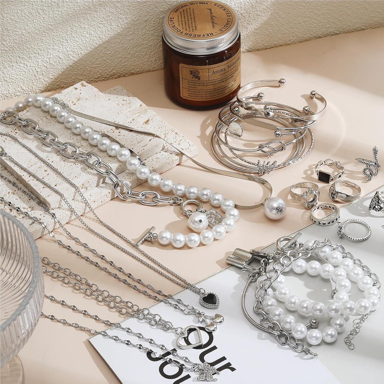 image17IF 53 PCS8 PACK Silver Plated Jewelry Set with 6 Necklace 11 Ankle Bracelet 30 Kunckle Ring 6 Pair Earring hoop Vintage Boho Pearl for Women Birthday Travel HolidayVintage