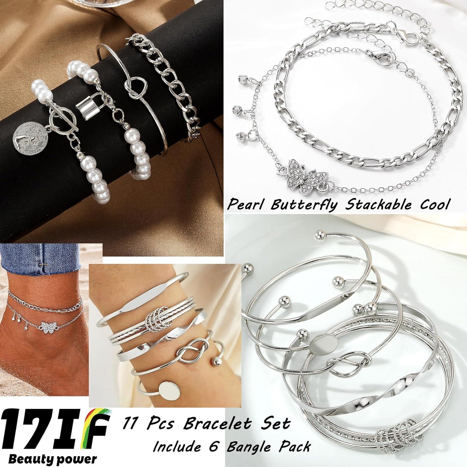 image17IF 53 PCS8 PACK Silver Plated Jewelry Set with 6 Necklace 11 Ankle Bracelet 30 Kunckle Ring 6 Pair Earring hoop Vintage Boho Pearl for Women Birthday Travel HolidayVintage