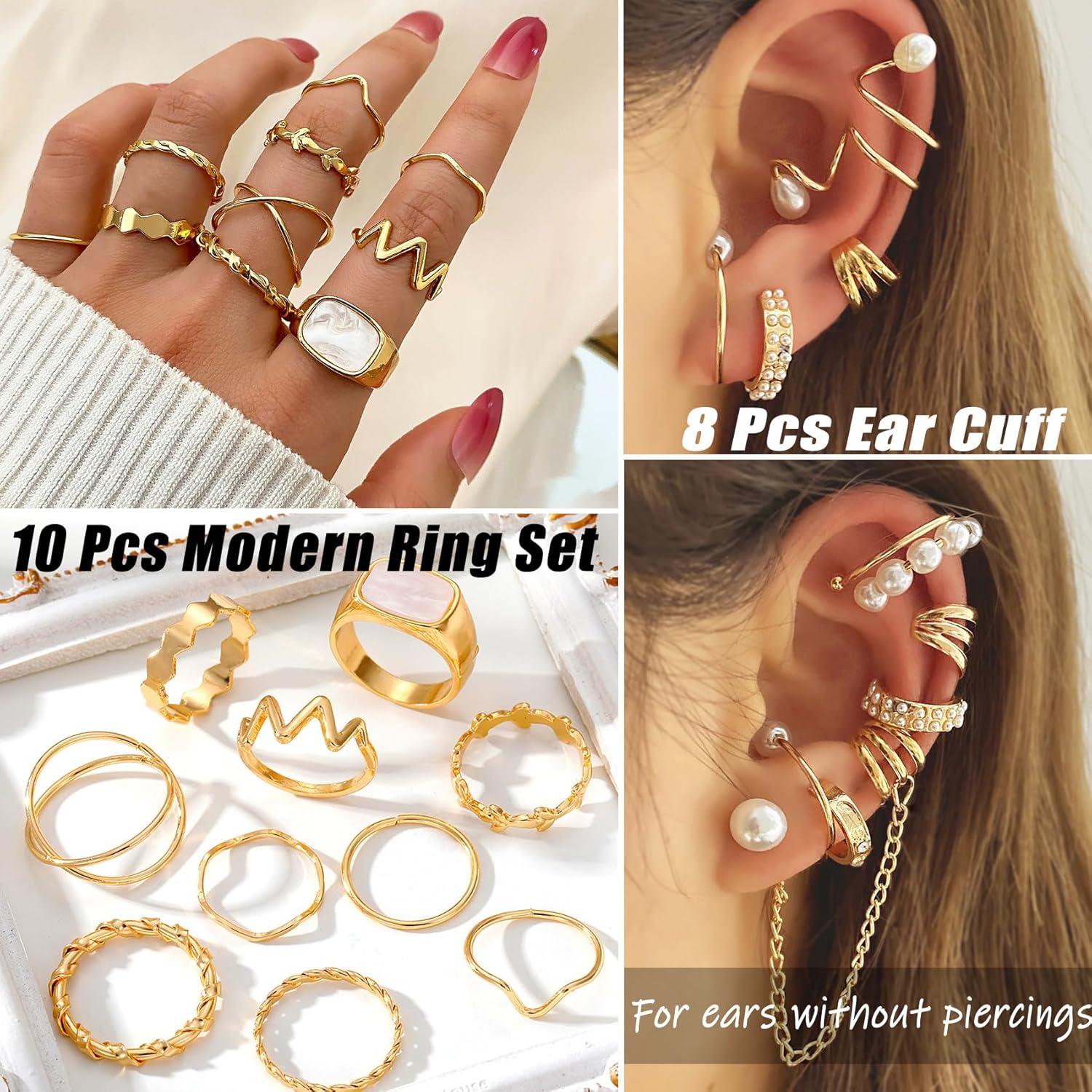 image17IF 53 PCS8 PACK Silver Plated Jewelry Set with 6 Necklace 11 Ankle Bracelet 30 Kunckle Ring 6 Pair Earring hoop Vintage Boho Pearl for Women Birthday Travel HolidayClassic