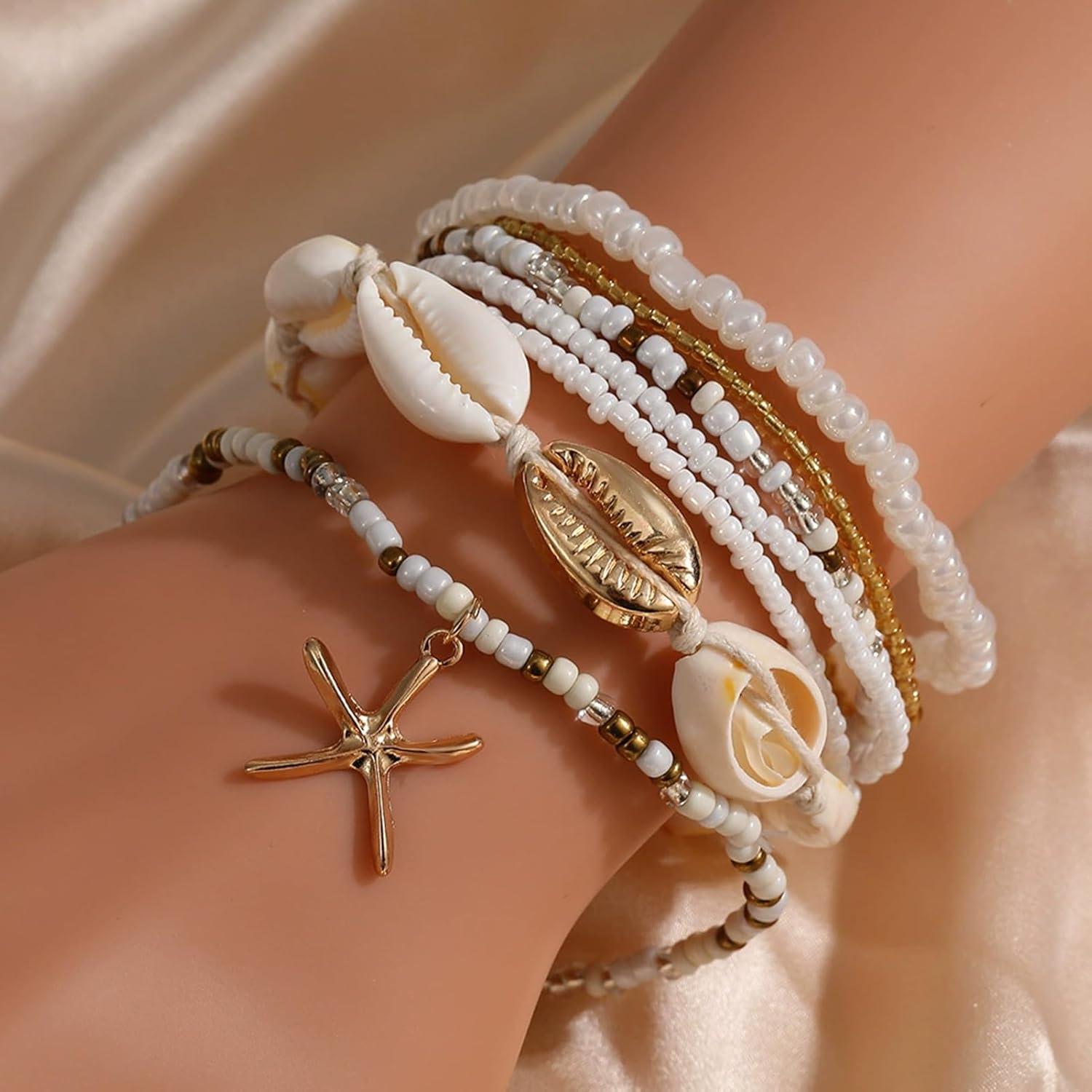 image17IF 7 Pcs Colorful Shell Bracelet Anklet Set for Women Boho Bead Strech Adjustable Beach Seaside Starfish Conch Chain Summer Travel Jewelry GiftCREAM WHITE