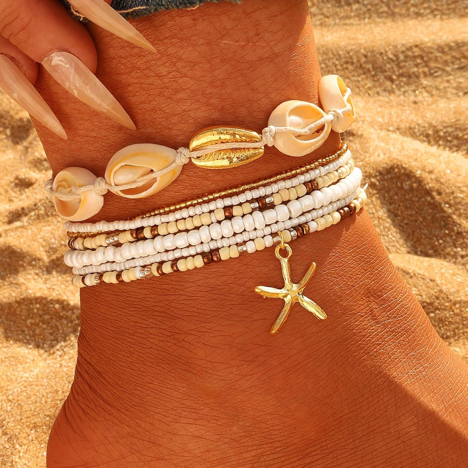 image17IF 7 Pcs Colorful Shell Bracelet Anklet Set for Women Boho Bead Strech Adjustable Beach Seaside Starfish Conch Chain Summer Travel Jewelry GiftCREAM WHITE