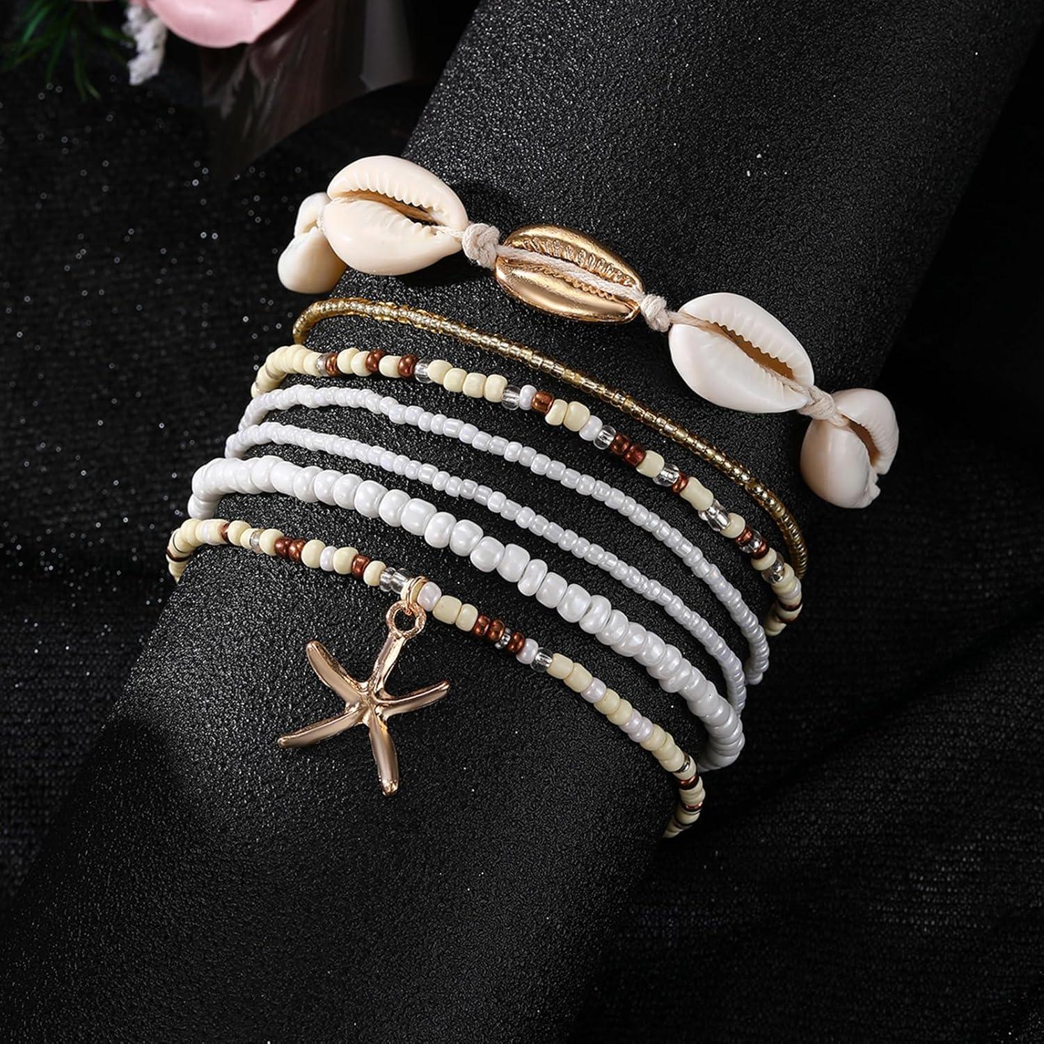 image17IF 7 Pcs Colorful Shell Bracelet Anklet Set for Women Boho Bead Strech Adjustable Beach Seaside Starfish Conch Chain Summer Travel Jewelry GiftCREAM WHITE