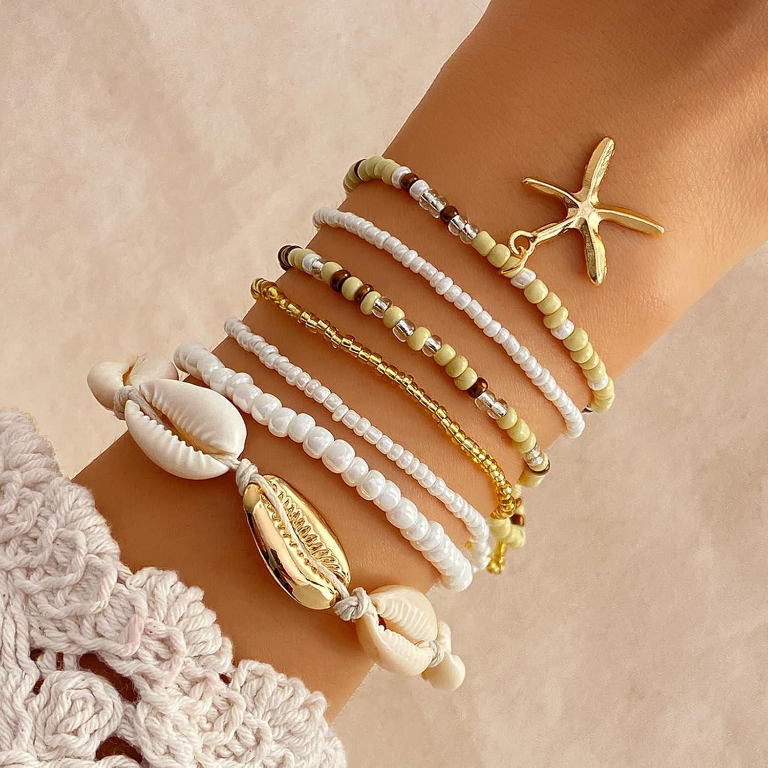 image17IF 7 Pcs Colorful Shell Bracelet Anklet Set for Women Boho Bead Strech Adjustable Beach Seaside Starfish Conch Chain Summer Travel Jewelry GiftCREAM WHITE