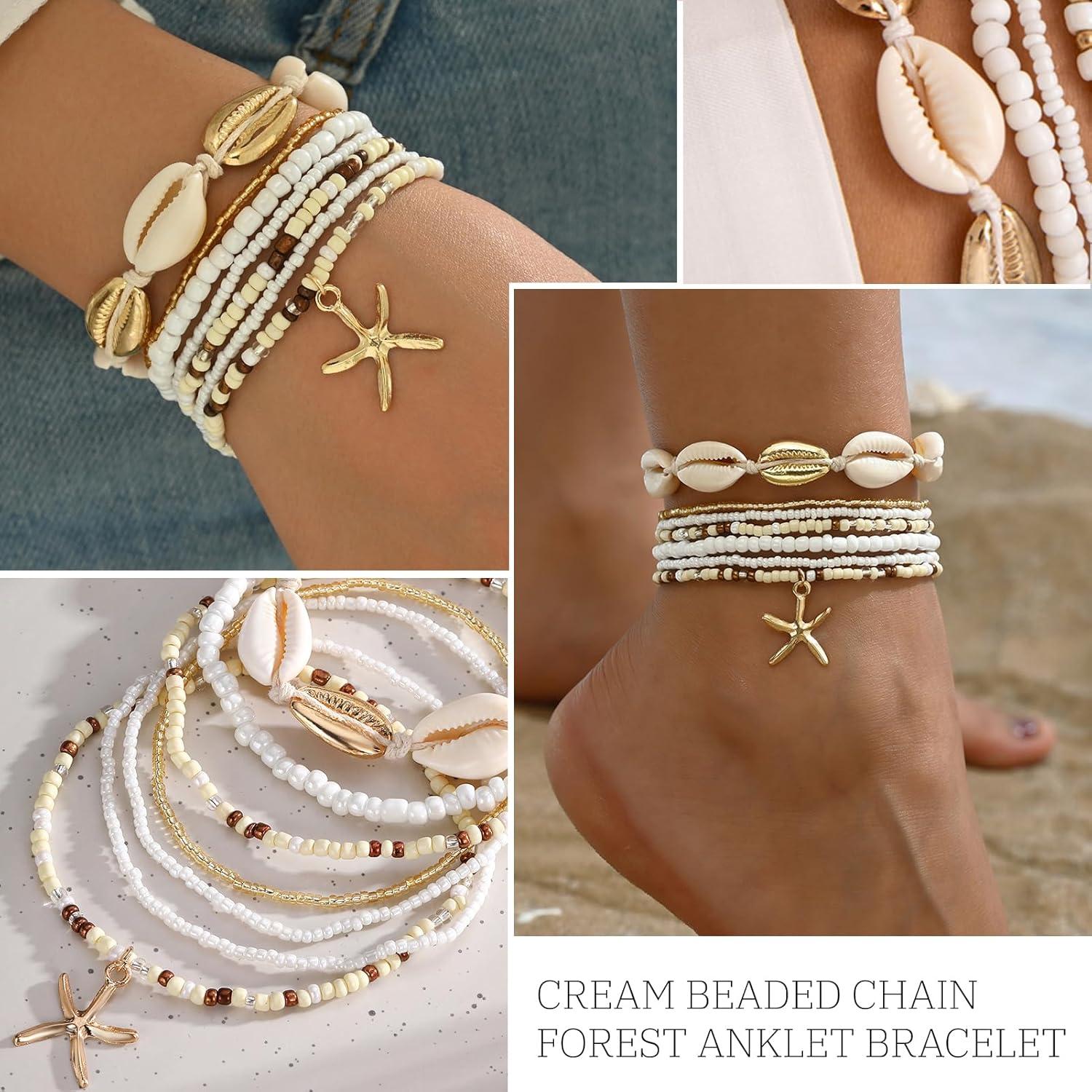 image17IF 7 Pcs Colorful Shell Bracelet Anklet Set for Women Boho Bead Strech Adjustable Beach Seaside Starfish Conch Chain Summer Travel Jewelry GiftCREAM WHITE
