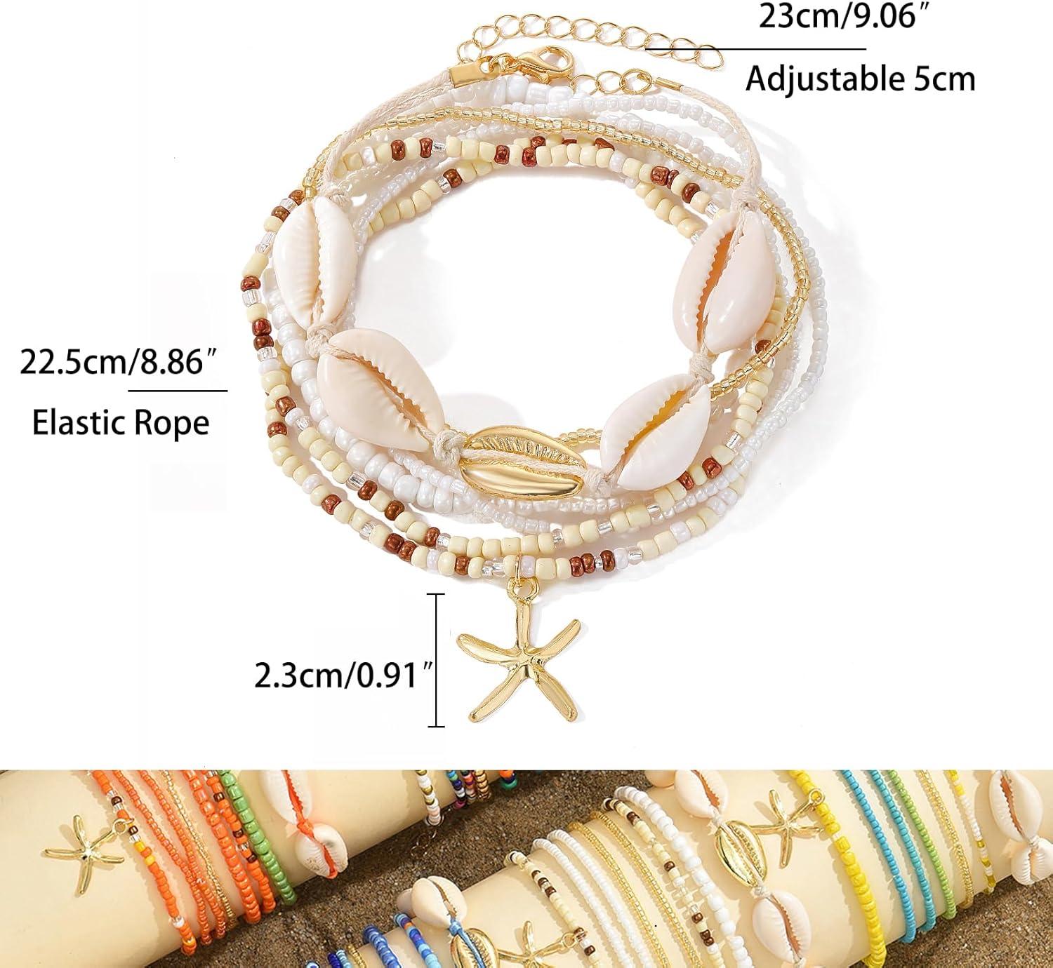 image17IF 7 Pcs Colorful Shell Bracelet Anklet Set for Women Boho Bead Strech Adjustable Beach Seaside Starfish Conch Chain Summer Travel Jewelry GiftCREAM WHITE