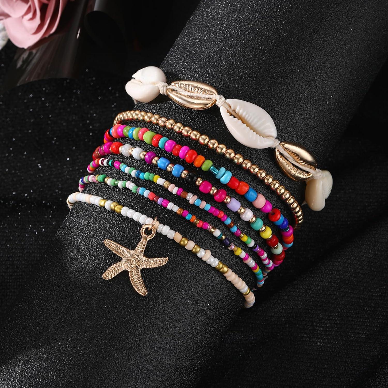 image17IF 7 Pcs Colorful Shell Bracelet Anklet Set for Women Boho Bead Strech Adjustable Beach Seaside Starfish Conch Chain Summer Travel Jewelry GiftPINK
