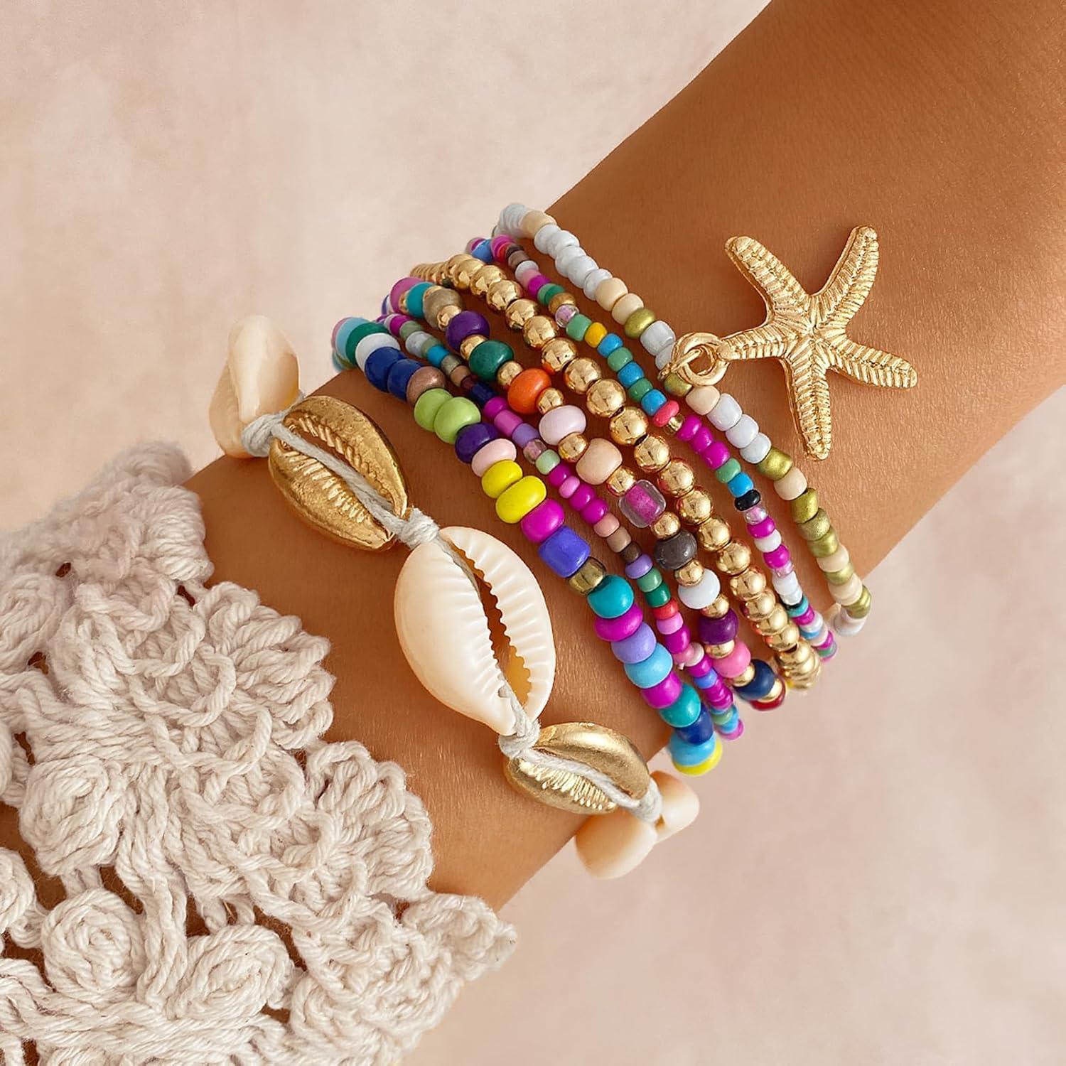image17IF 7 Pcs Colorful Shell Bracelet Anklet Set for Women Boho Bead Strech Adjustable Beach Seaside Starfish Conch Chain Summer Travel Jewelry GiftPINK