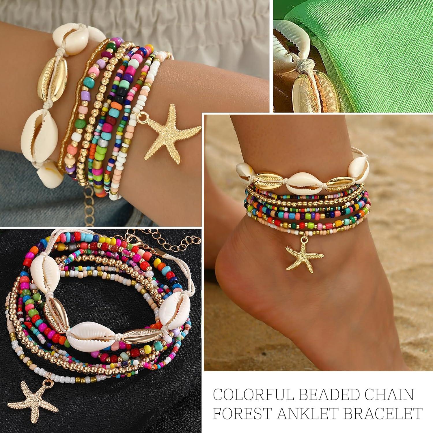 image17IF 7 Pcs Colorful Shell Bracelet Anklet Set for Women Boho Bead Strech Adjustable Beach Seaside Starfish Conch Chain Summer Travel Jewelry GiftPINK