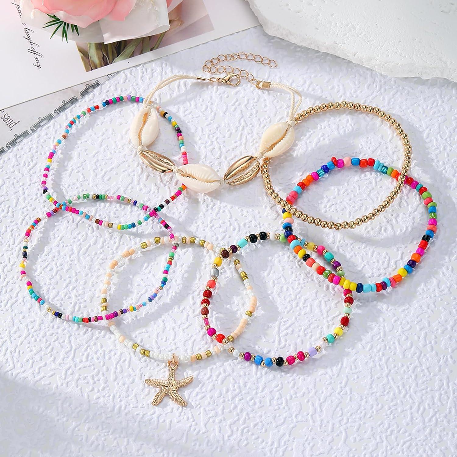 image17IF 7 Pcs Colorful Shell Bracelet Anklet Set for Women Boho Bead Strech Adjustable Beach Seaside Starfish Conch Chain Summer Travel Jewelry GiftPINK