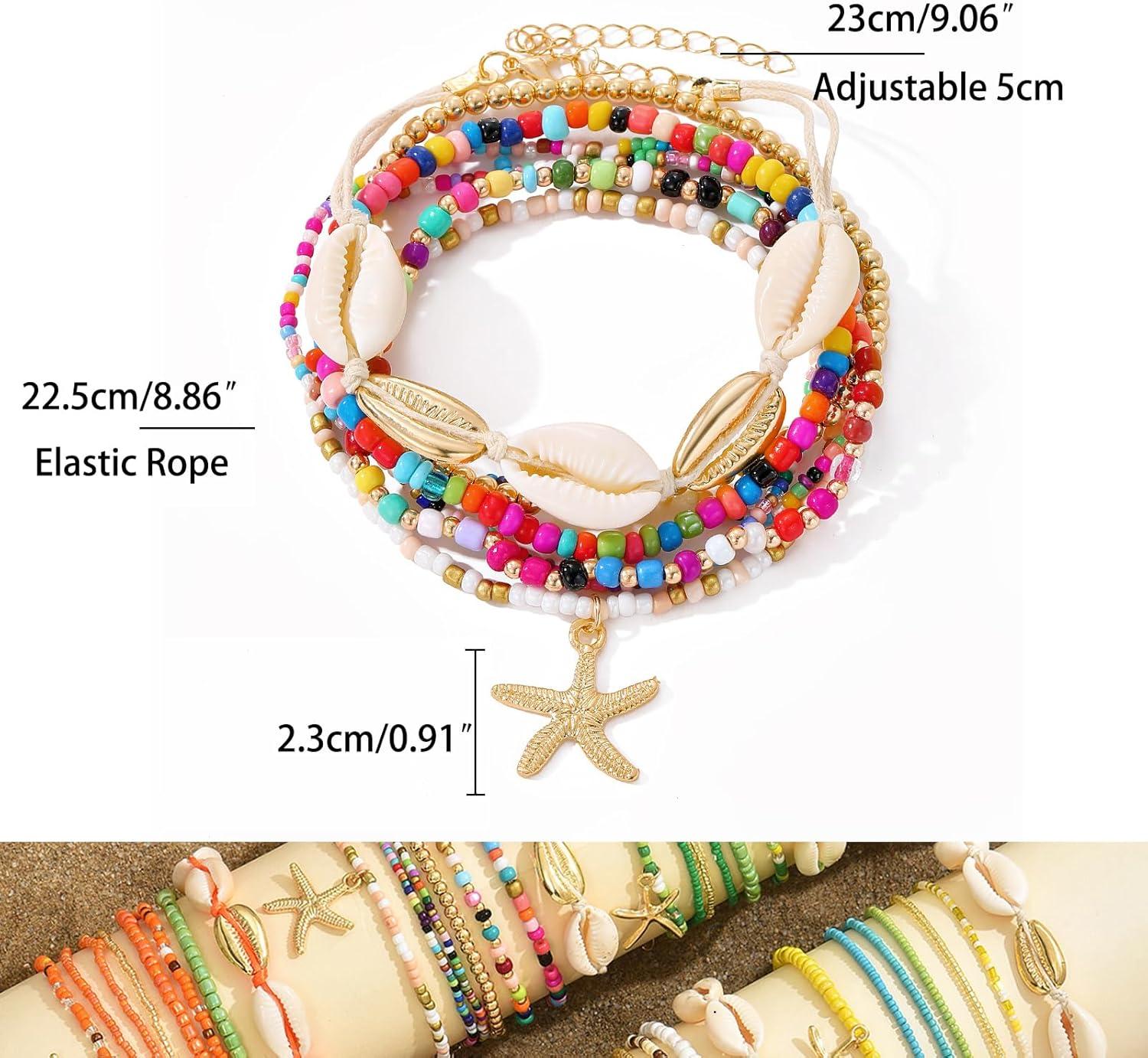 image17IF 7 Pcs Colorful Shell Bracelet Anklet Set for Women Boho Bead Strech Adjustable Beach Seaside Starfish Conch Chain Summer Travel Jewelry GiftPINK