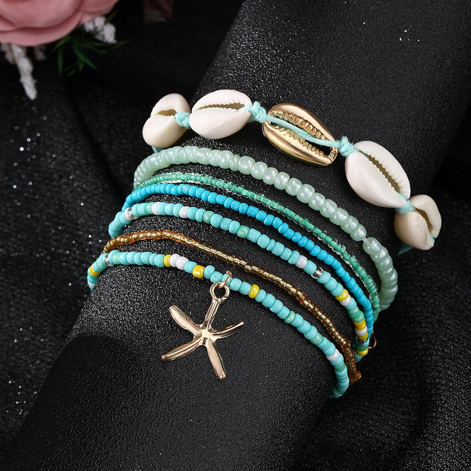 image17IF 7 Pcs Colorful Shell Bracelet Anklet Set for Women Boho Bead Strech Adjustable Beach Seaside Starfish Conch Chain Summer Travel Jewelry GiftSKY