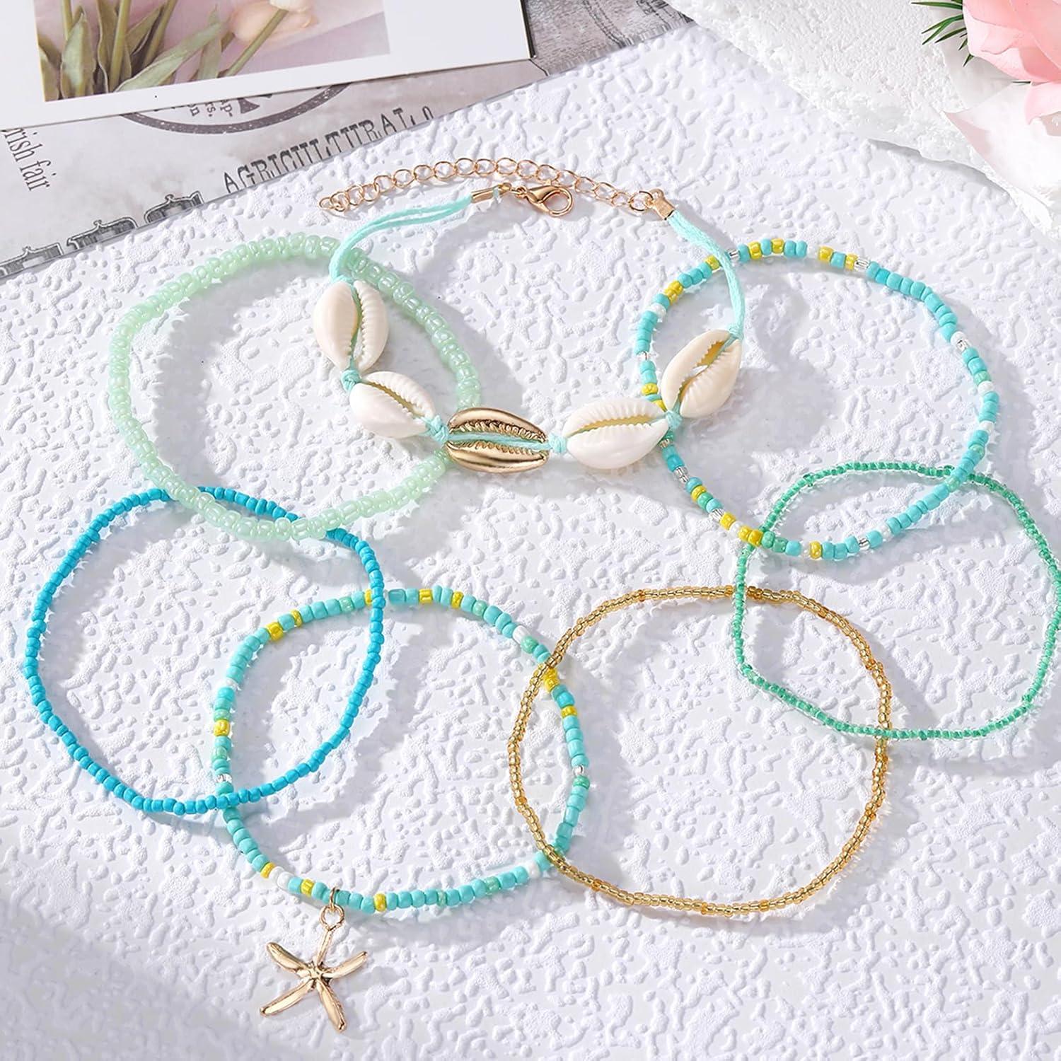 image17IF 7 Pcs Colorful Shell Bracelet Anklet Set for Women Boho Bead Strech Adjustable Beach Seaside Starfish Conch Chain Summer Travel Jewelry GiftSKY