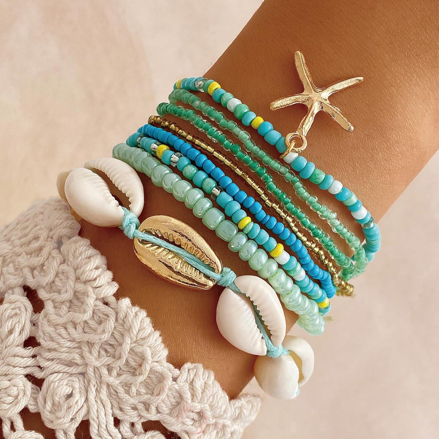 image17IF 7 Pcs Colorful Shell Bracelet Anklet Set for Women Boho Bead Strech Adjustable Beach Seaside Starfish Conch Chain Summer Travel Jewelry GiftSKY