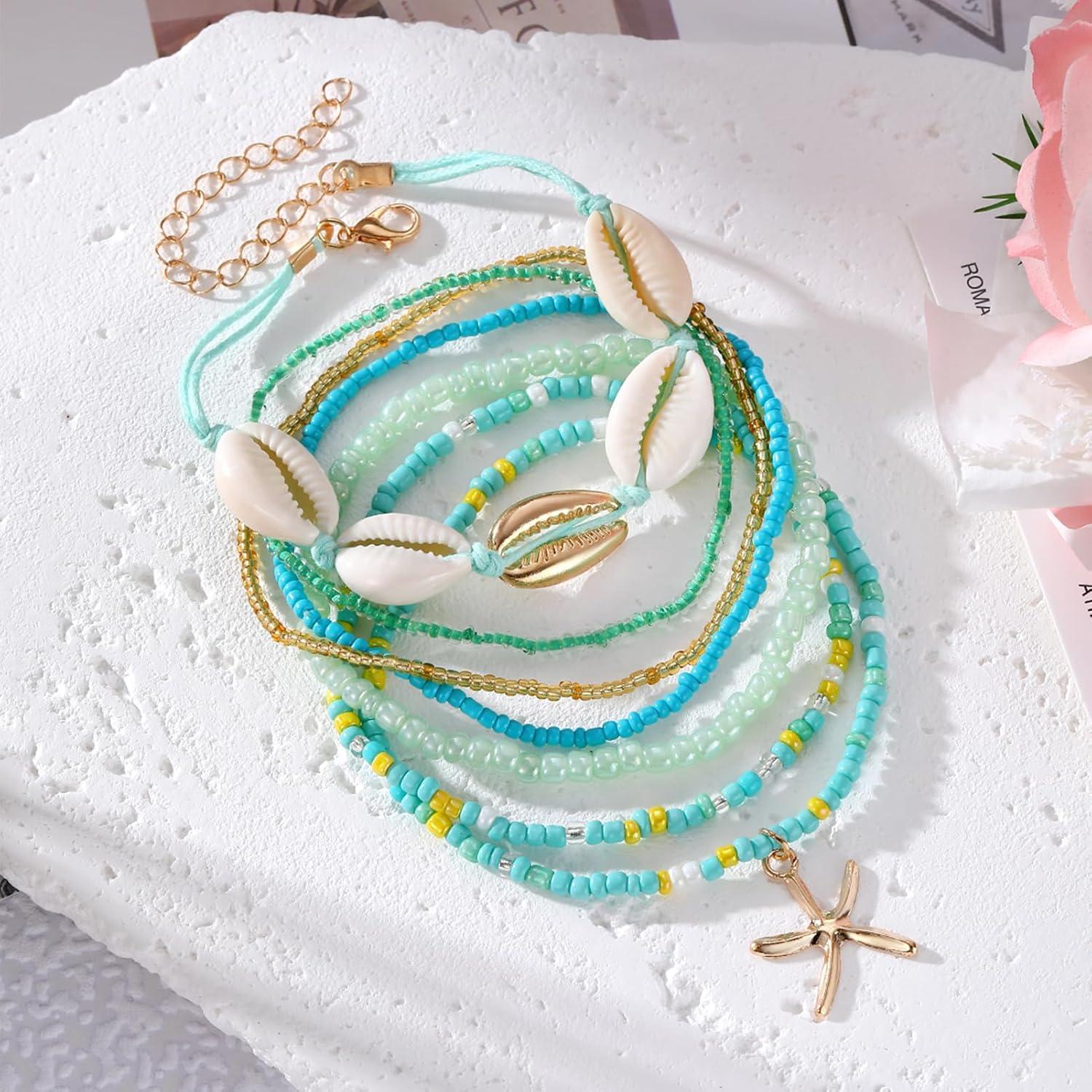 image17IF 7 Pcs Colorful Shell Bracelet Anklet Set for Women Boho Bead Strech Adjustable Beach Seaside Starfish Conch Chain Summer Travel Jewelry GiftSKY