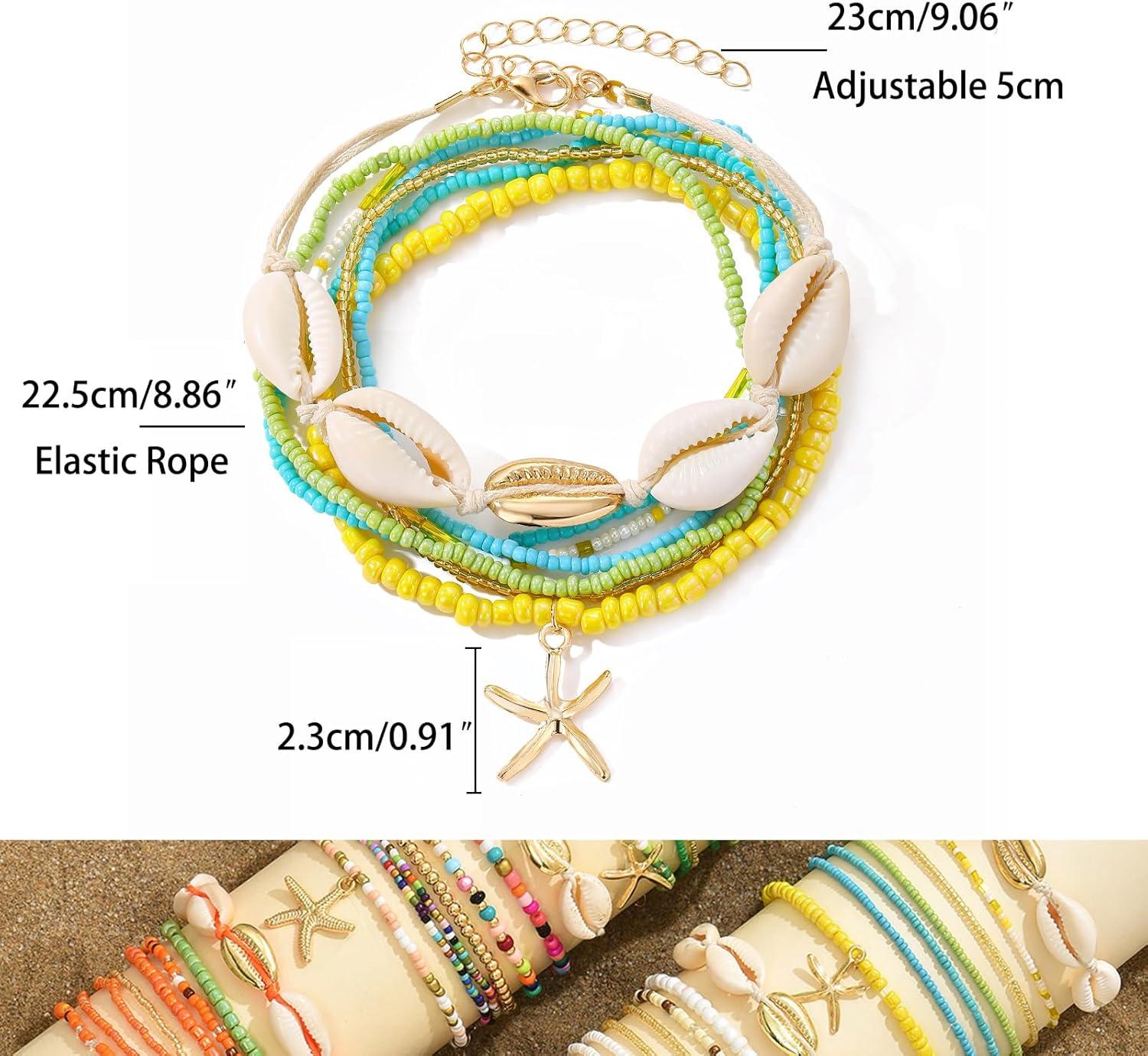 image17IF 7 Pcs Colorful Shell Bracelet Anklet Set for Women Boho Bead Strech Adjustable Beach Seaside Starfish Conch Chain Summer Travel Jewelry GiftYELLOW