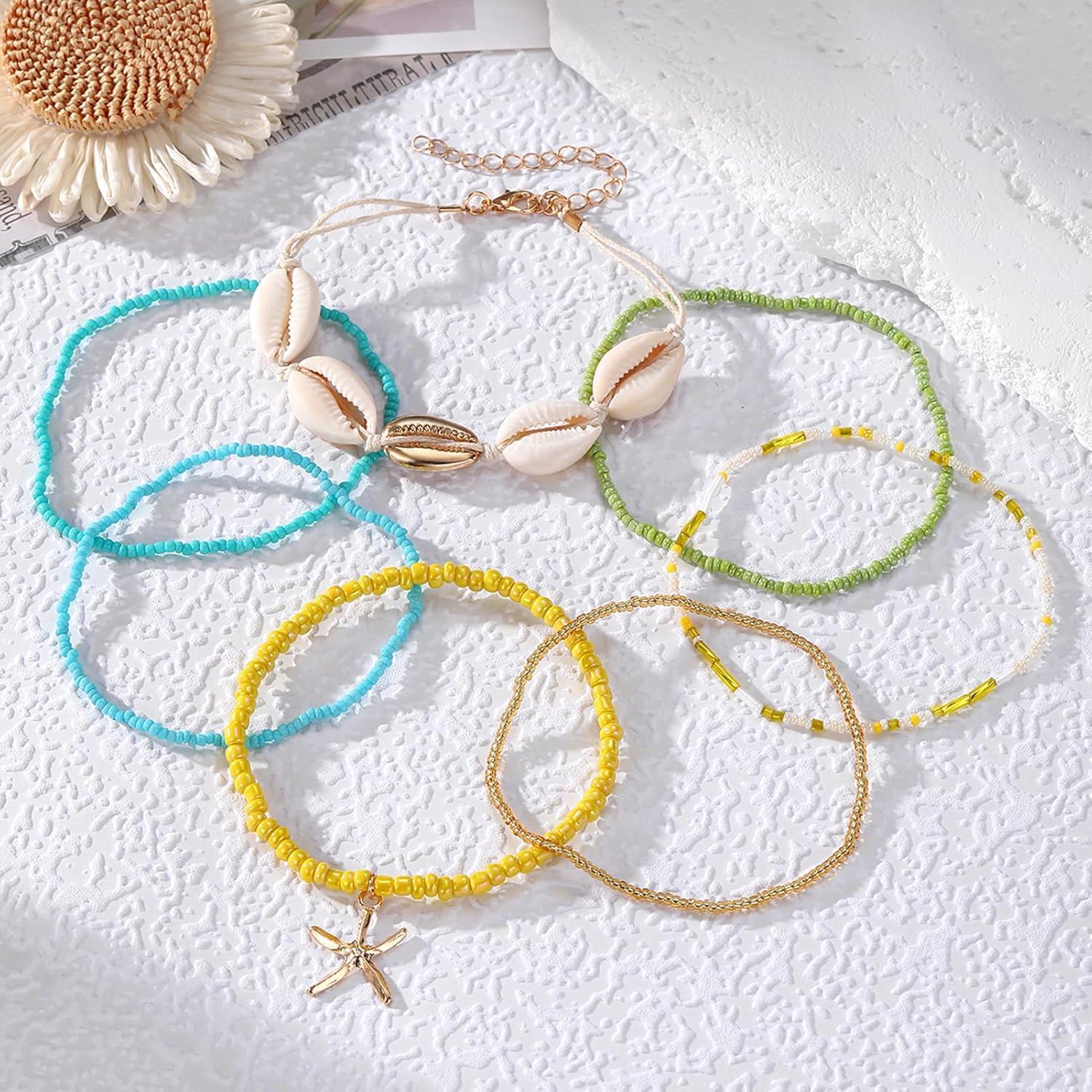 image17IF 7 Pcs Colorful Shell Bracelet Anklet Set for Women Boho Bead Strech Adjustable Beach Seaside Starfish Conch Chain Summer Travel Jewelry GiftYELLOW