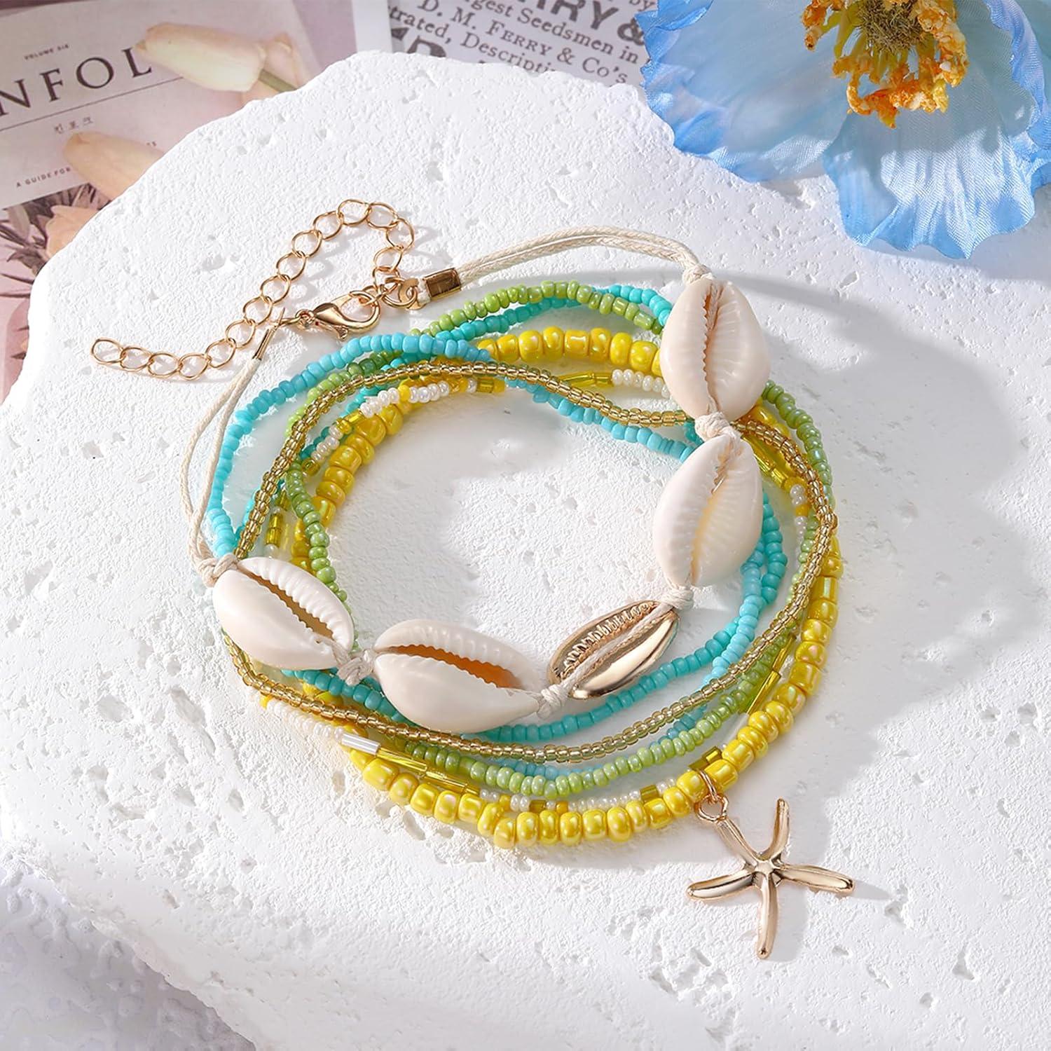 image17IF 7 Pcs Colorful Shell Bracelet Anklet Set for Women Boho Bead Strech Adjustable Beach Seaside Starfish Conch Chain Summer Travel Jewelry GiftYELLOW
