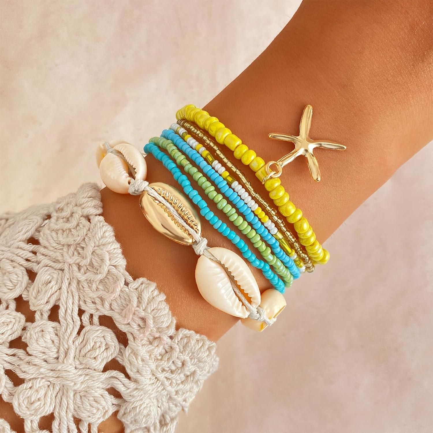 image17IF 7 Pcs Colorful Shell Bracelet Anklet Set for Women Boho Bead Strech Adjustable Beach Seaside Starfish Conch Chain Summer Travel Jewelry GiftYELLOW