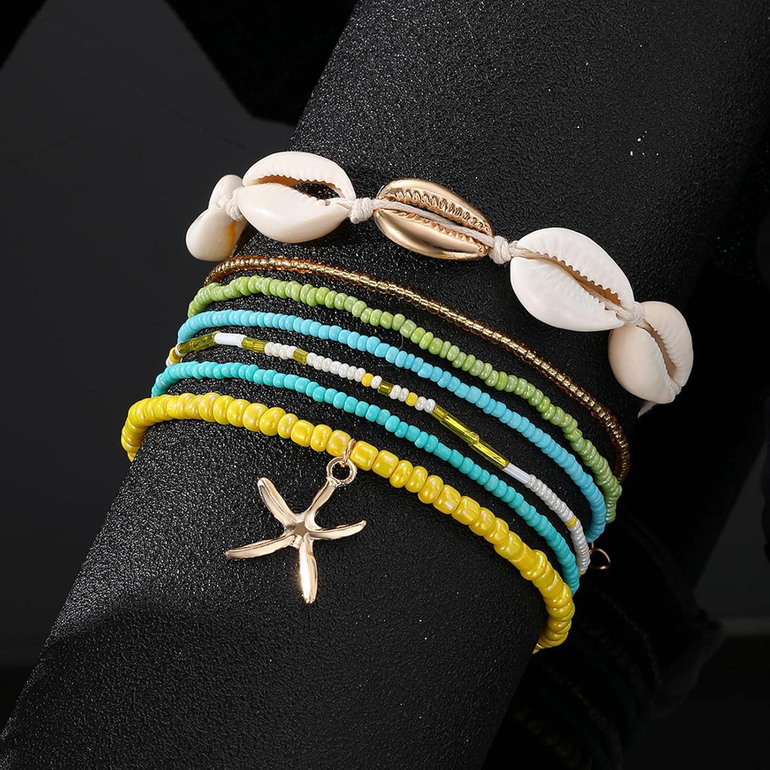 image17IF 7 Pcs Colorful Shell Bracelet Anklet Set for Women Boho Bead Strech Adjustable Beach Seaside Starfish Conch Chain Summer Travel Jewelry GiftYELLOW