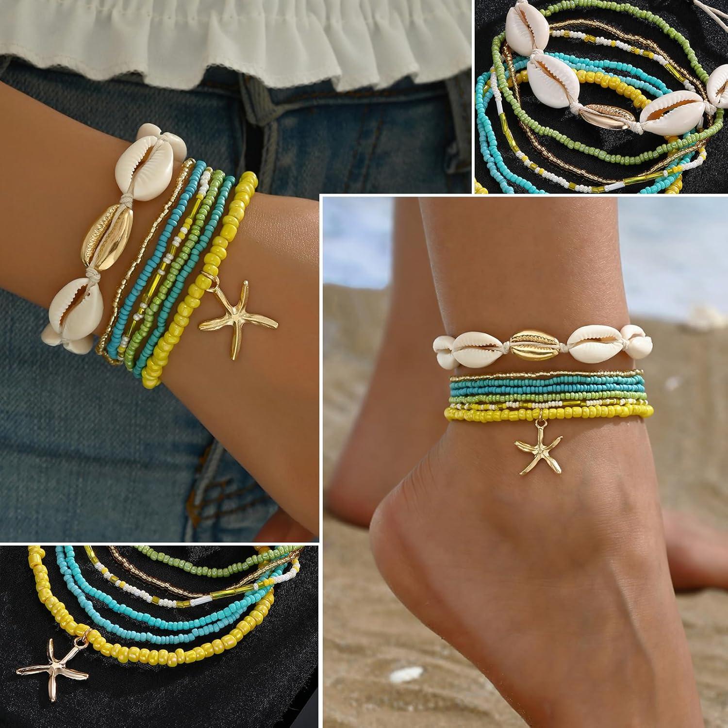 image17IF 7 Pcs Colorful Shell Bracelet Anklet Set for Women Boho Bead Strech Adjustable Beach Seaside Starfish Conch Chain Summer Travel Jewelry GiftYELLOW