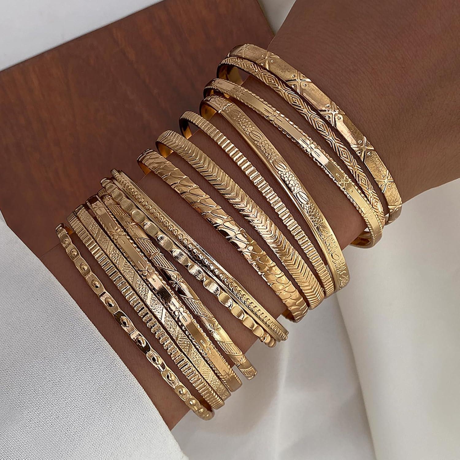 image17IF Gold Bangle Bracelet For Women 14k Multilayer Charm Textured Stackable Bracelets Boho Indian Chunky Cuff Fashion Jewelry Gift14PGO