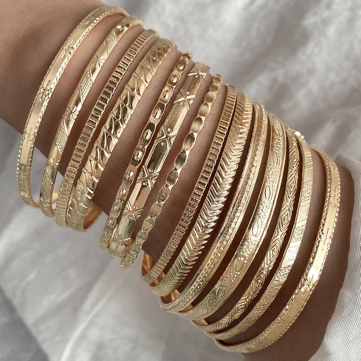 image17IF Gold Bangle Bracelet For Women 14k Multilayer Charm Textured Stackable Bracelets Boho Indian Chunky Cuff Fashion Jewelry Gift14PGO