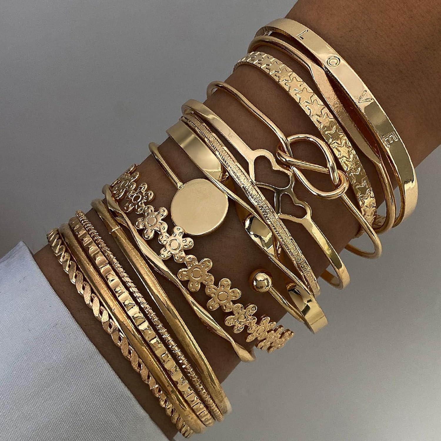 image17IF Gold Bangle Bracelet For Women 14k Multilayer Charm Textured Stackable Bracelets Boho Indian Chunky Cuff Fashion Jewelry Gift15PFlower