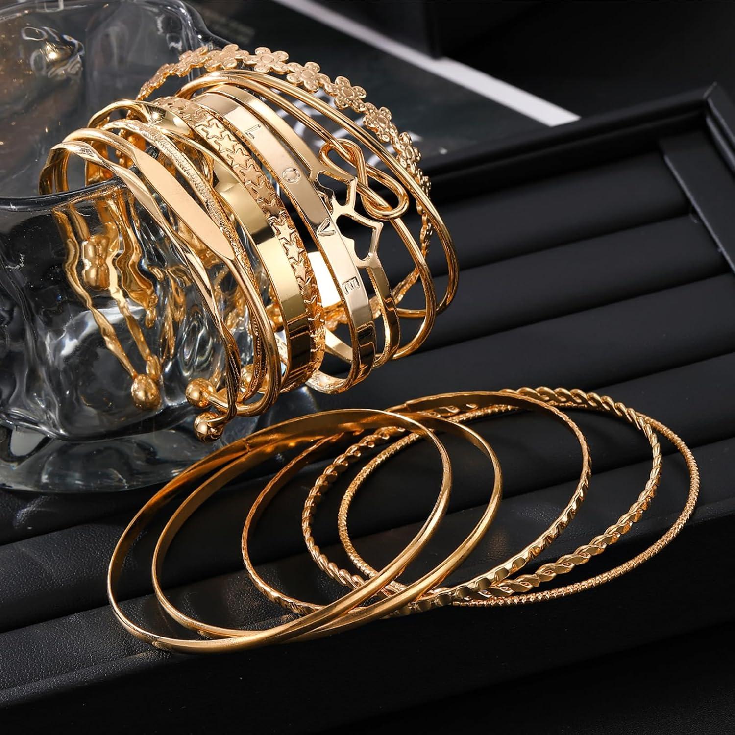 image17IF Gold Bangle Bracelet For Women 14k Multilayer Charm Textured Stackable Bracelets Boho Indian Chunky Cuff Fashion Jewelry Gift15PFlower