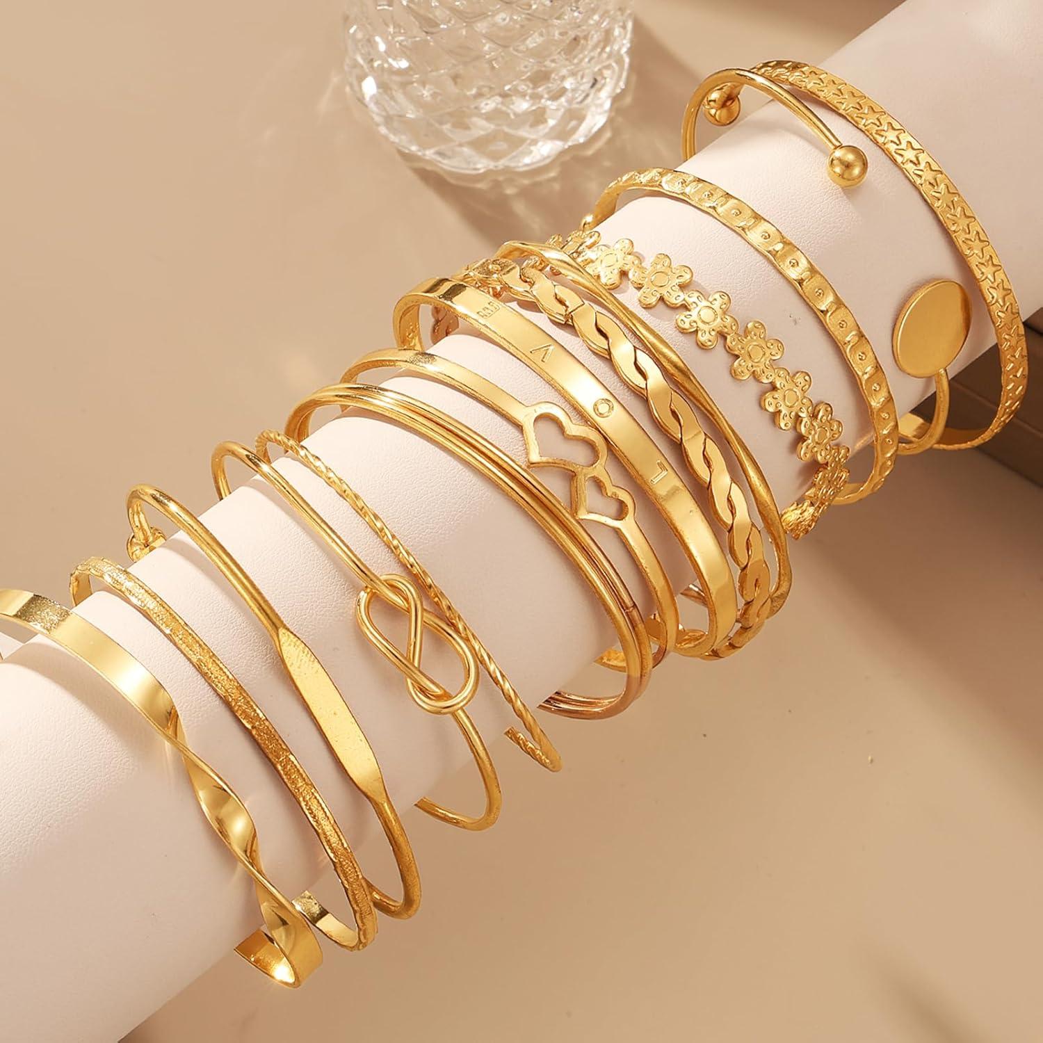 image17IF Gold Bangle Bracelet For Women 14k Multilayer Charm Textured Stackable Bracelets Boho Indian Chunky Cuff Fashion Jewelry Gift15PFlower