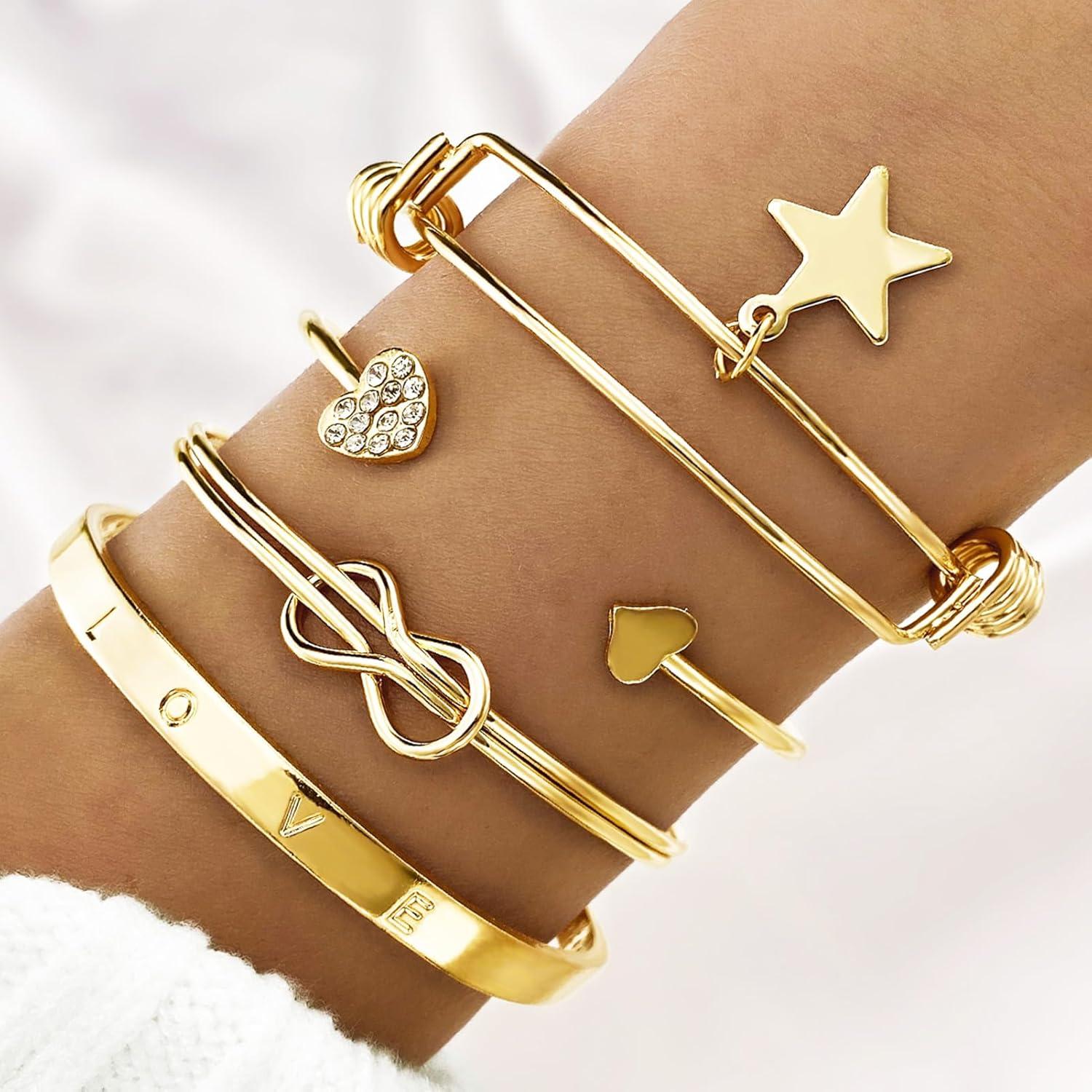 image17IF Gold Bangle Bracelet For Women 14k Plated Multi Layer Cuff Bracelets Set Trendy Boho Textured Indian Punk Chunky Cable Smooth Bangles Elegance Stack Minimalist Jewelry GiftLove