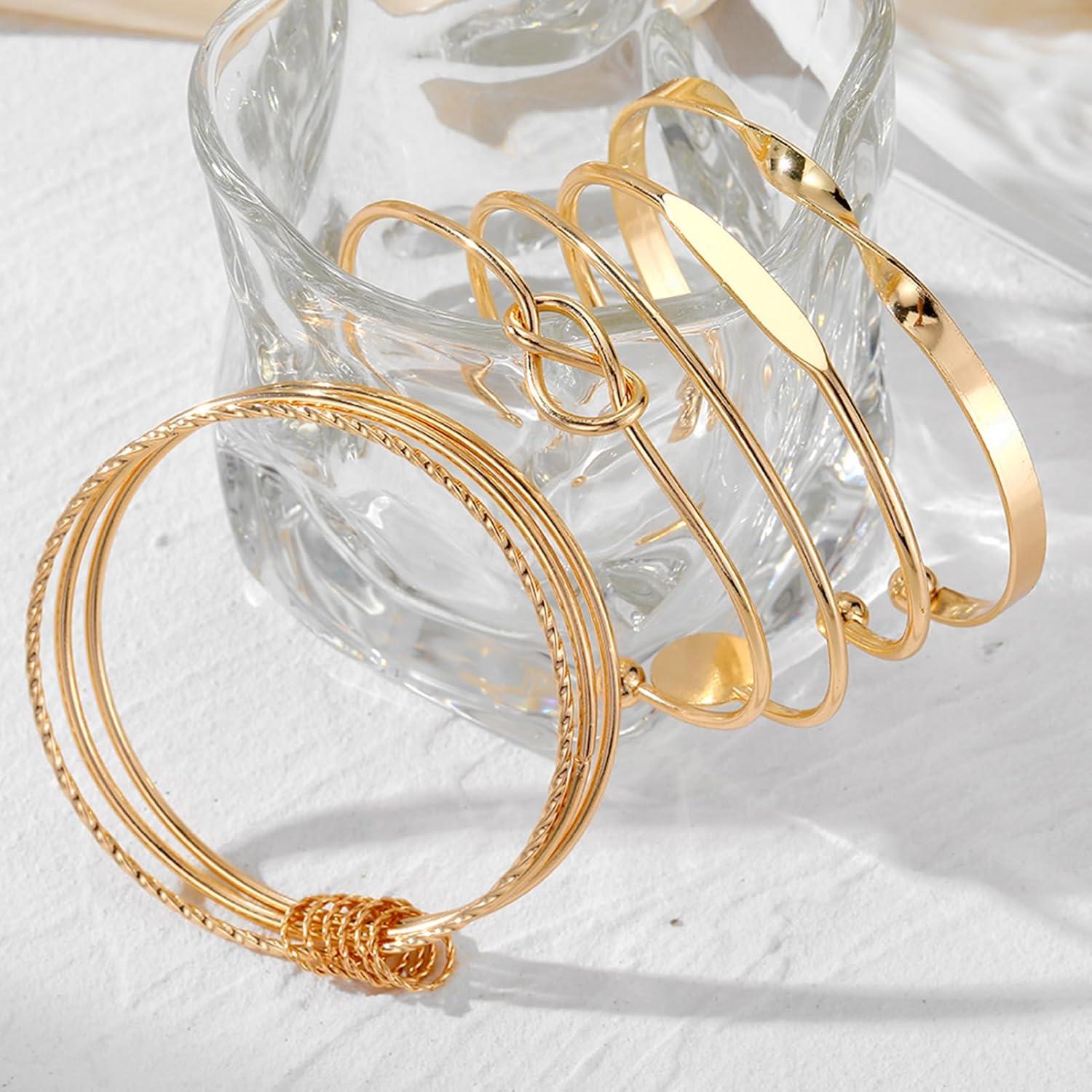 image17IF Gold Bangle Bracelet For Women 14k Plated Multi Layer Cuff Bracelets Set Trendy Boho Textured Indian Punk Chunky Cable Smooth Bangles Elegance Stack Minimalist Jewelry GiftTogether