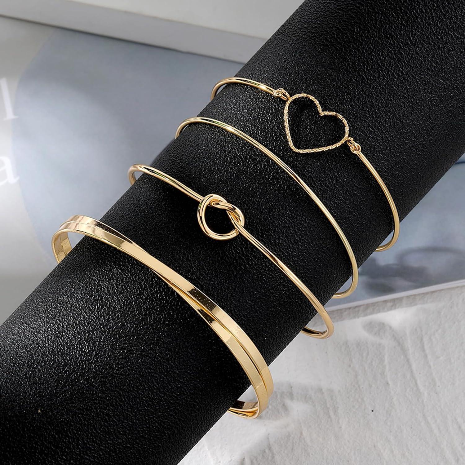 image17IF Gold Bangle Bracelet For Women 14k Plated Multi Layer Cuff Bracelets Set Trendy Boho Textured Indian Punk Chunky Cable Smooth Bangles Elegance Stack Minimalist Jewelry GiftHeart