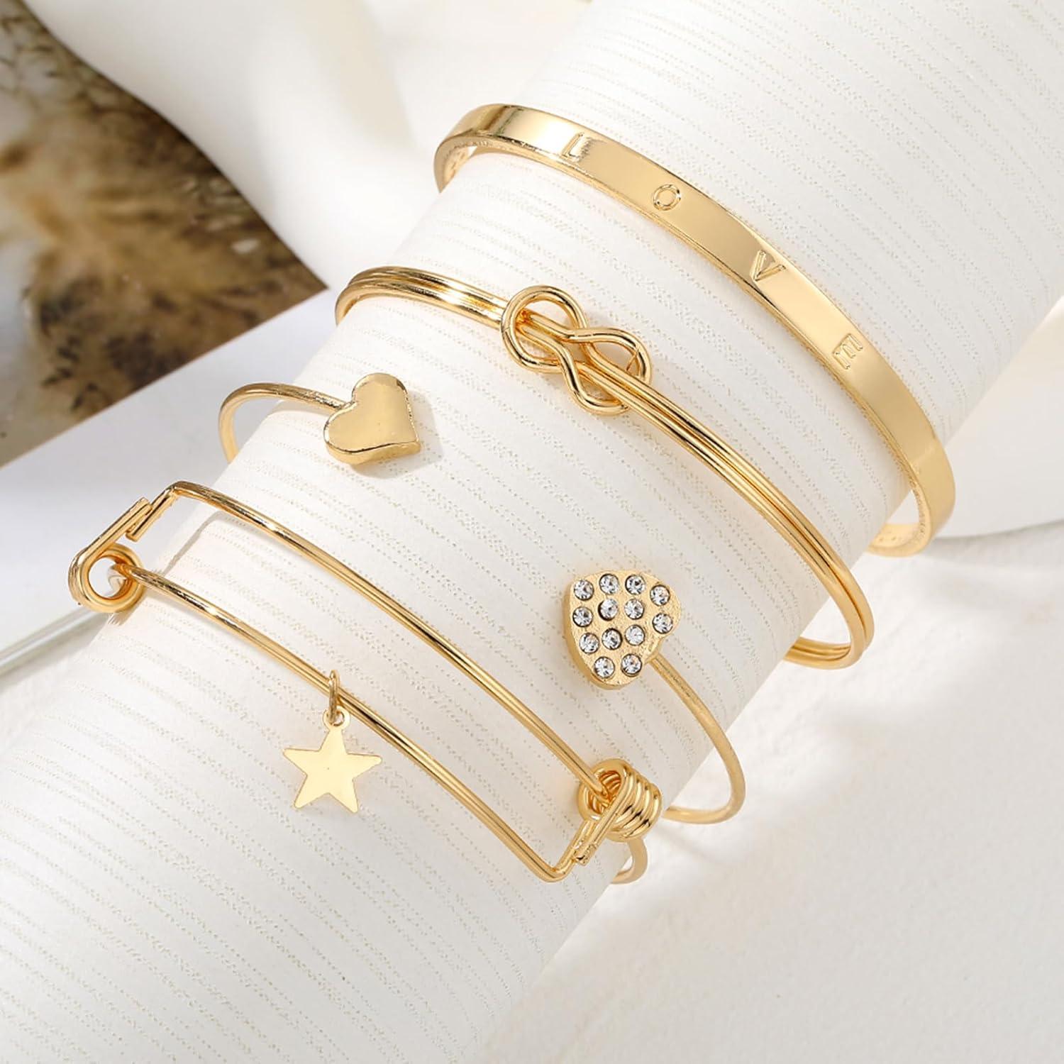 image17IF Gold Bangle Bracelet For Women 14k Plated Multi Layer Cuff Bracelets Set Trendy Boho Textured Indian Punk Chunky Cable Smooth Bangles Elegance Stack Minimalist Jewelry GiftLove