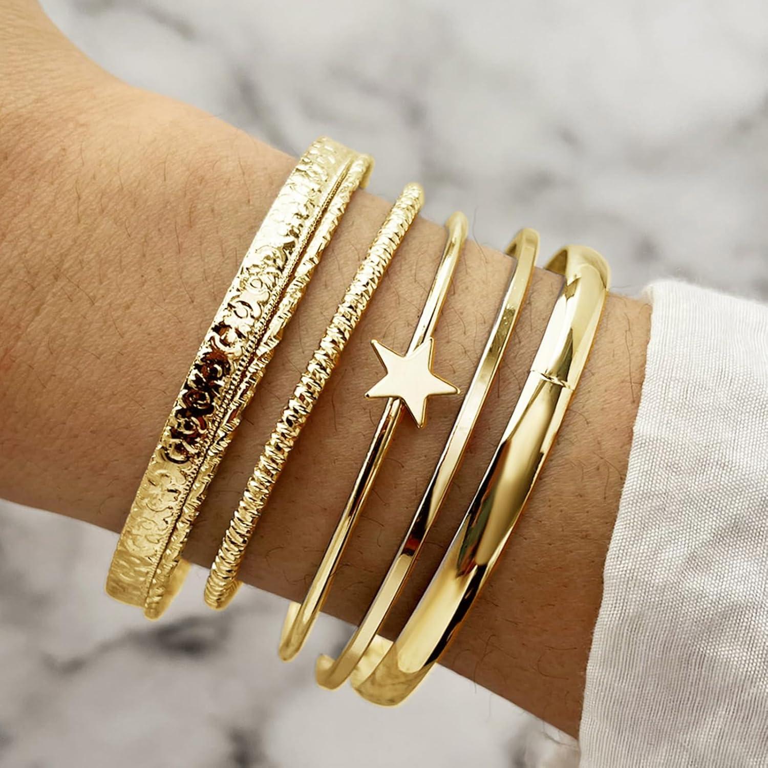 image17IF Gold Bangle Bracelet For Women 14k Plated Multi Layer Cuff Bracelets Set Trendy Boho Textured Indian Punk Chunky Cable Smooth Bangles Elegance Stack Minimalist Jewelry GiftStar