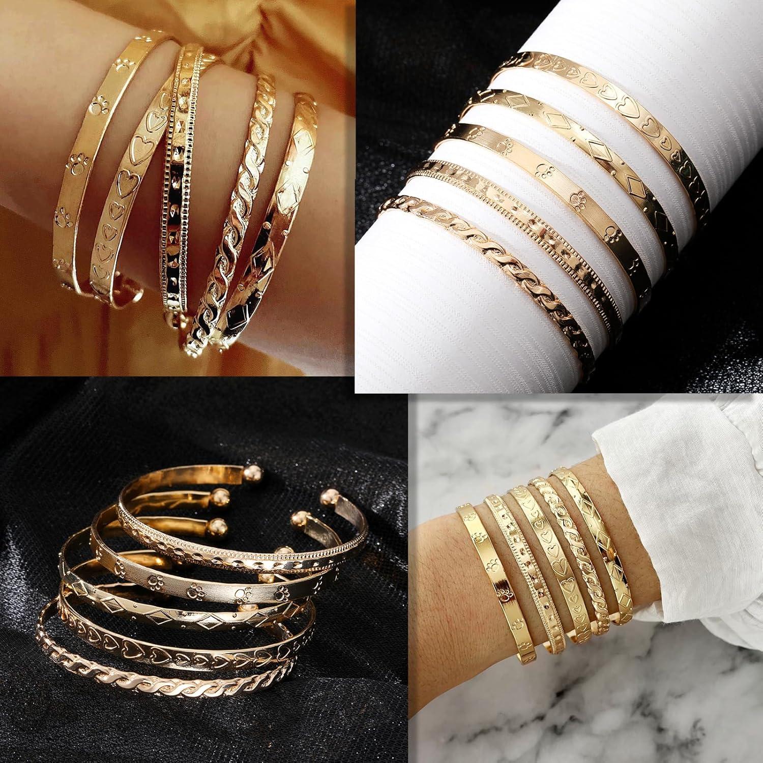 image17IF Gold Bangle Bracelet For Women 14k Plated Multi Layer Cuff Bracelets Set Trendy Boho Textured Indian Punk Chunky Cable Smooth Bangles Elegance Stack Minimalist Jewelry GiftFoot