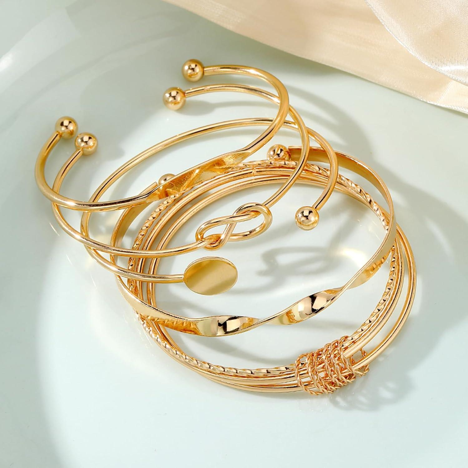 image17IF Gold Bangle Bracelet For Women 14k Plated Multi Layer Cuff Bracelets Set Trendy Boho Textured Indian Punk Chunky Cable Smooth Bangles Elegance Stack Minimalist Jewelry GiftTogether