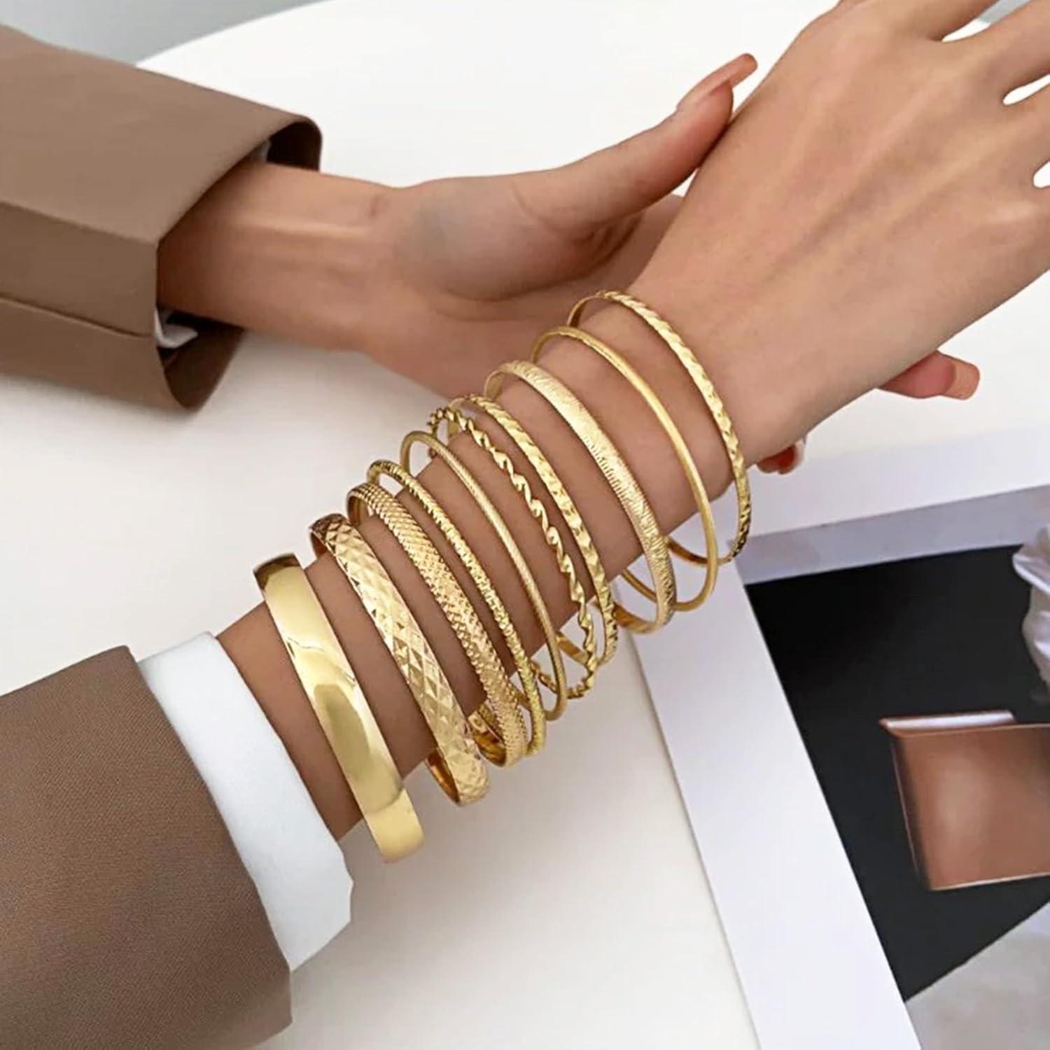 image17IF Gold Bangle Bracelet For Women 14k Plated Multi Layer Cuff Bracelets Set Trendy Boho Textured Indian Punk Chunky Cable Smooth Bangles Elegance Stack Minimalist Jewelry GiftChunky