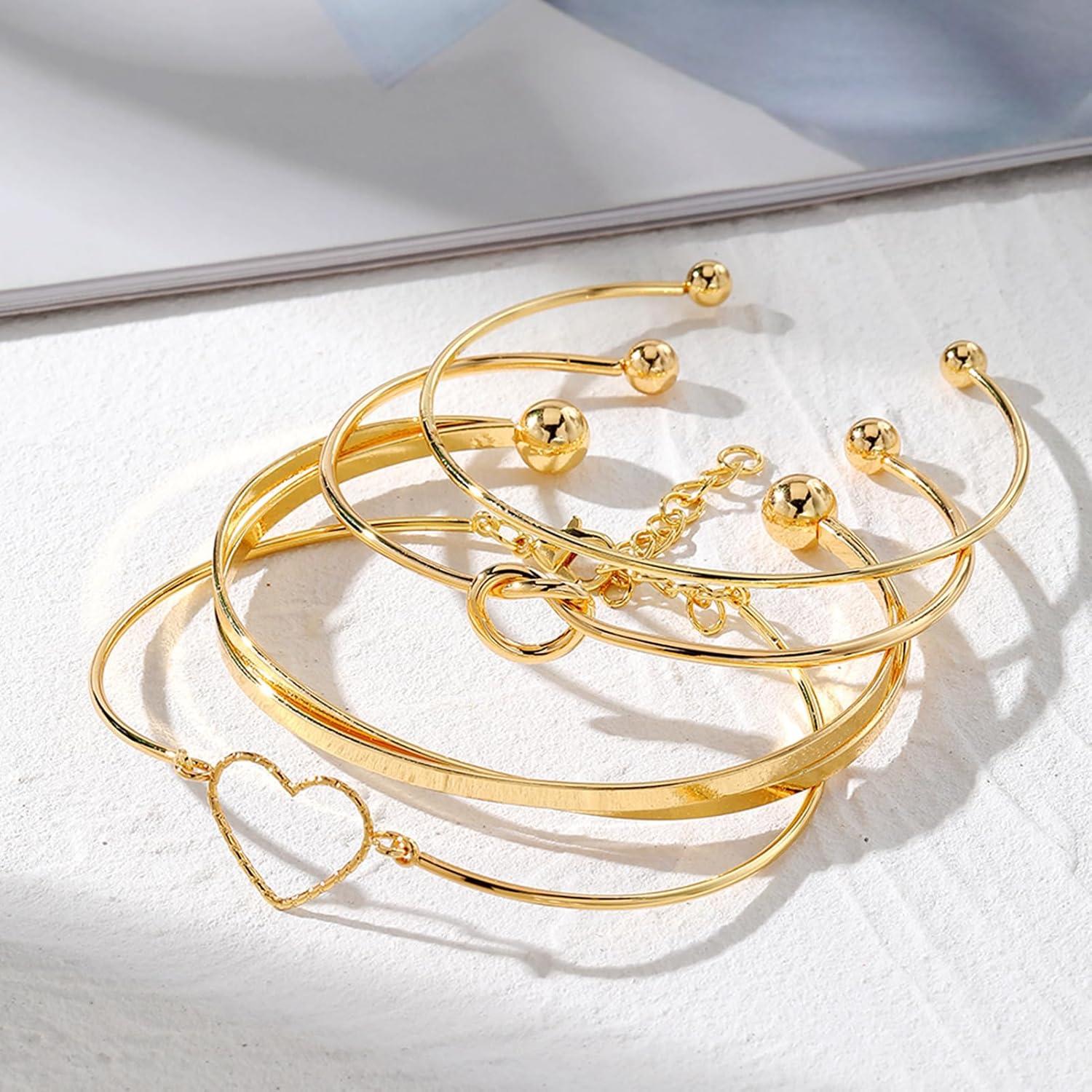 image17IF Gold Bangle Bracelet For Women 14k Plated Multi Layer Cuff Bracelets Set Trendy Boho Textured Indian Punk Chunky Cable Smooth Bangles Elegance Stack Minimalist Jewelry GiftHeart