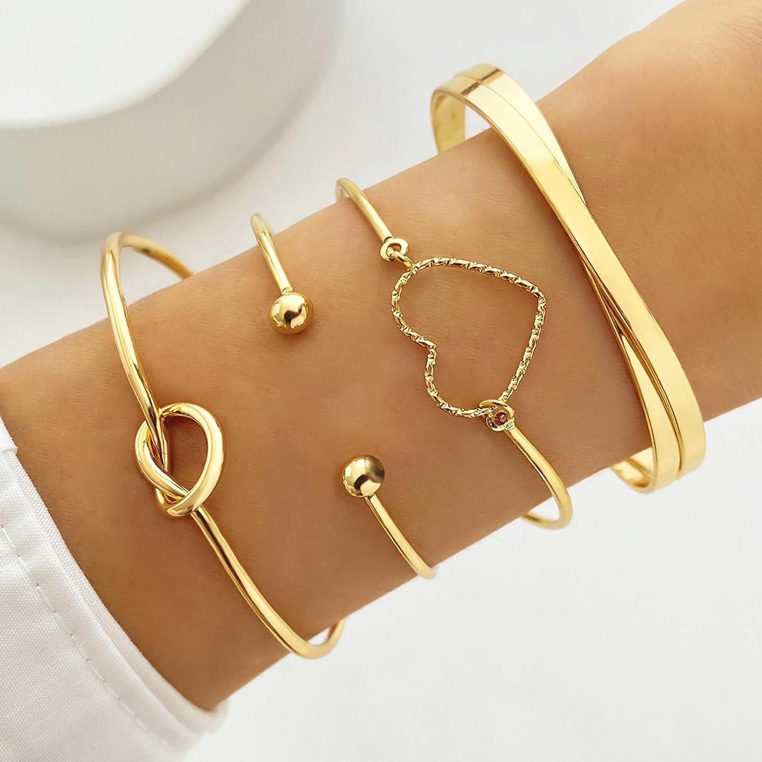 image17IF Gold Bangle Bracelet For Women 14k Plated Multi Layer Cuff Bracelets Set Trendy Boho Textured Indian Punk Chunky Cable Smooth Bangles Elegance Stack Minimalist Jewelry GiftHeart