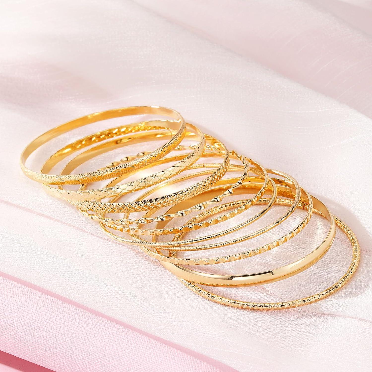 image17IF Gold Bangle Bracelet For Women 14k Plated Multi Layer Cuff Bracelets Set Trendy Boho Textured Indian Punk Chunky Cable Smooth Bangles Elegance Stack Minimalist Jewelry GiftChunky