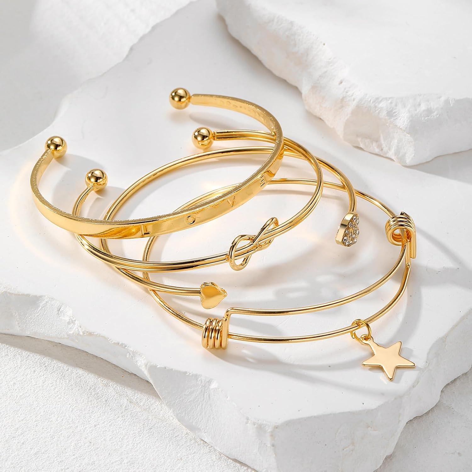 image17IF Gold Bangle Bracelet For Women 14k Plated Multi Layer Cuff Bracelets Set Trendy Boho Textured Indian Punk Chunky Cable Smooth Bangles Elegance Stack Minimalist Jewelry GiftLove